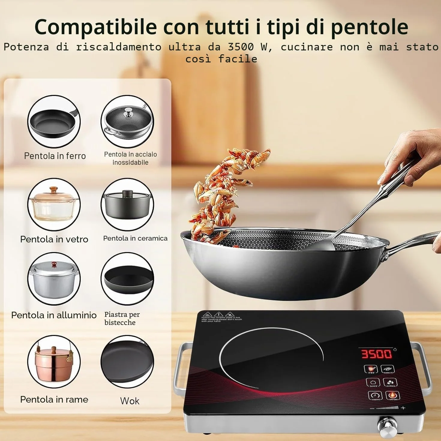 Piano Cottura in Vetroceramica 3500W Portatile 1 Piastra 41cm 29cm | Controllo Touch 4 Modalità 9 Livelli Potenza 1 Minuto a 3 Ore Funzione Timer