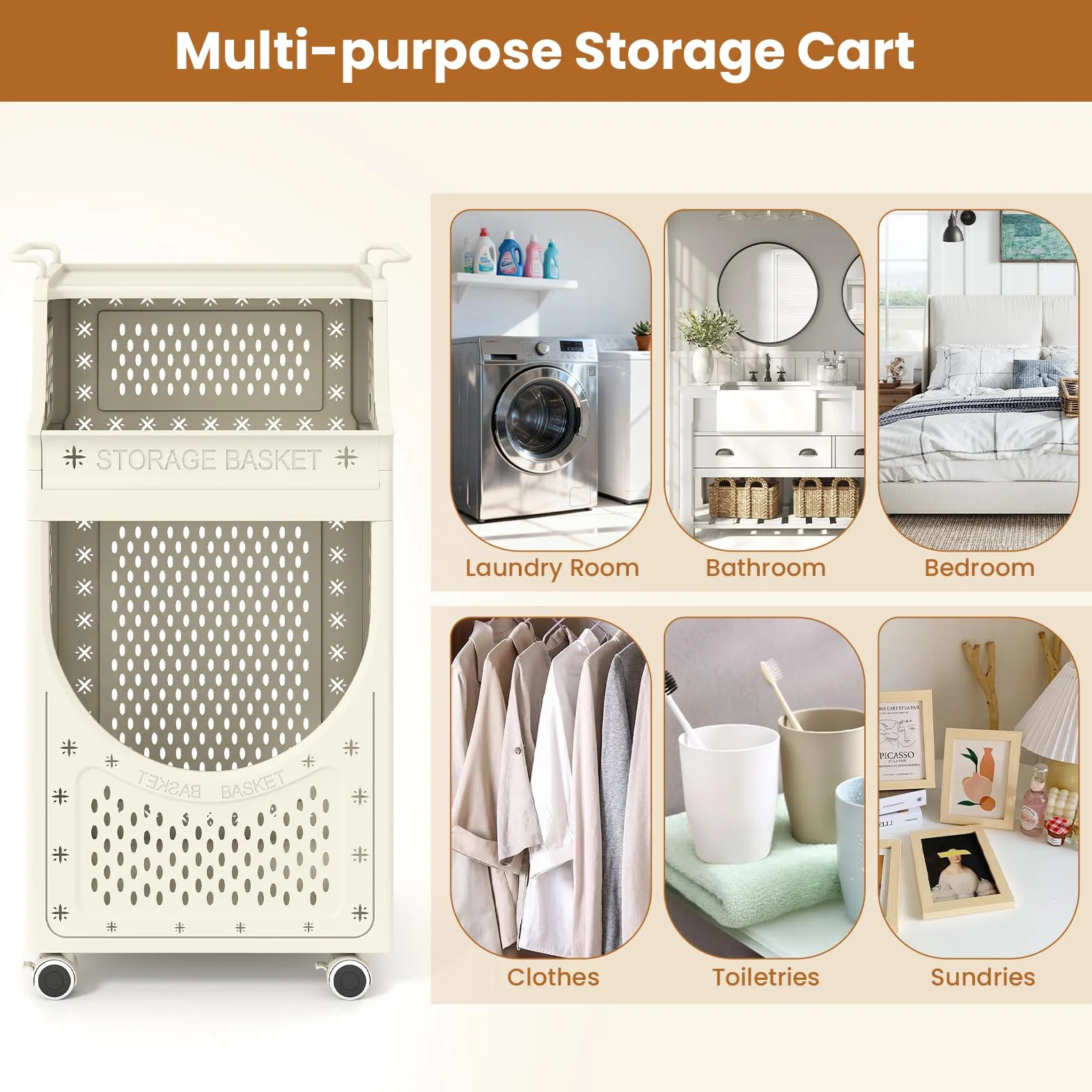 GIANTEX - Carrello portabiancheria con 4 ruote e 6 ganci, cesto per la biancheria da 40 L, design pieghevole, contenitore per la biancheria e organizer per bagno, camera da letto, dormitorio