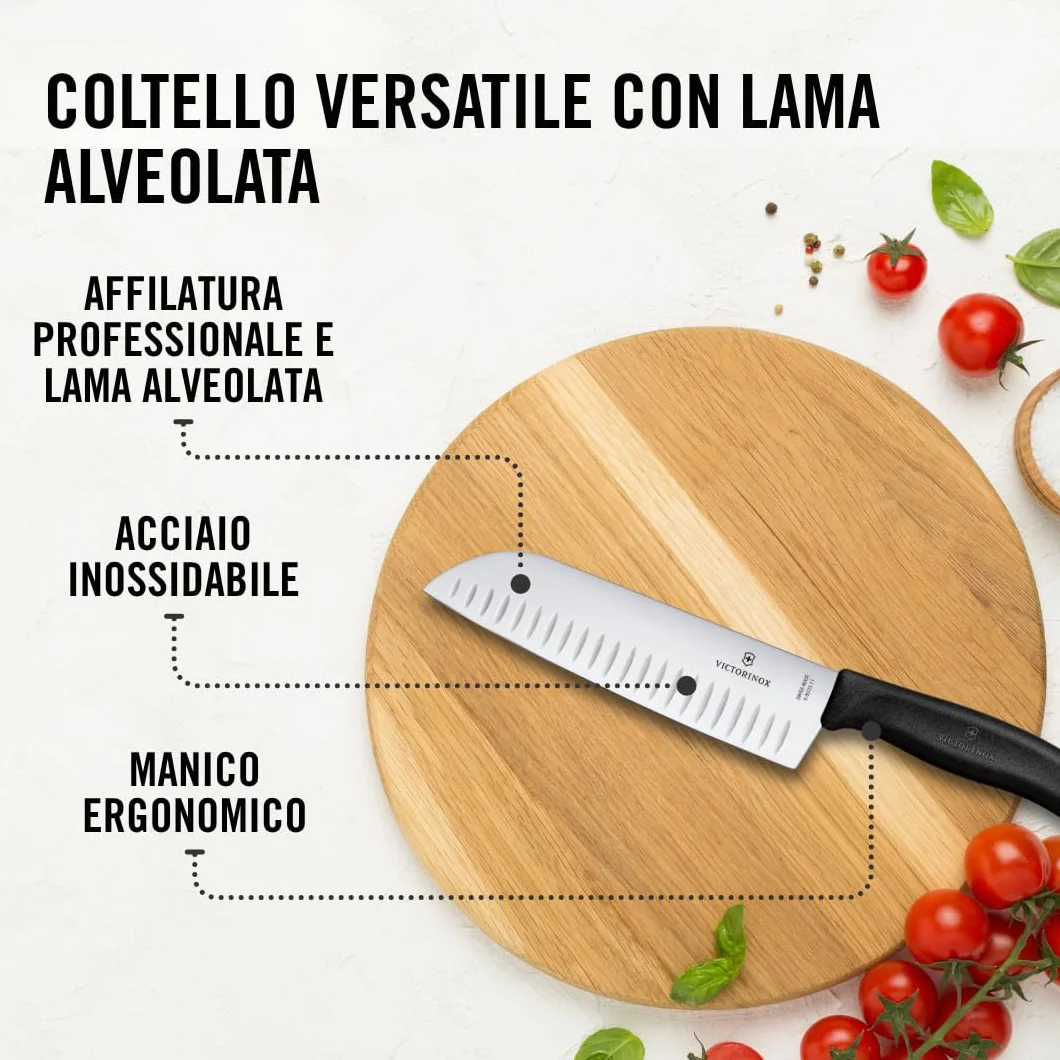 Victorinox Swiss Classic Coltello Santoku, Coltello in stile asiatico, Lama extra-affilata, Forma a bulbo, 17 cm, Acciaio inossidabile, Nero