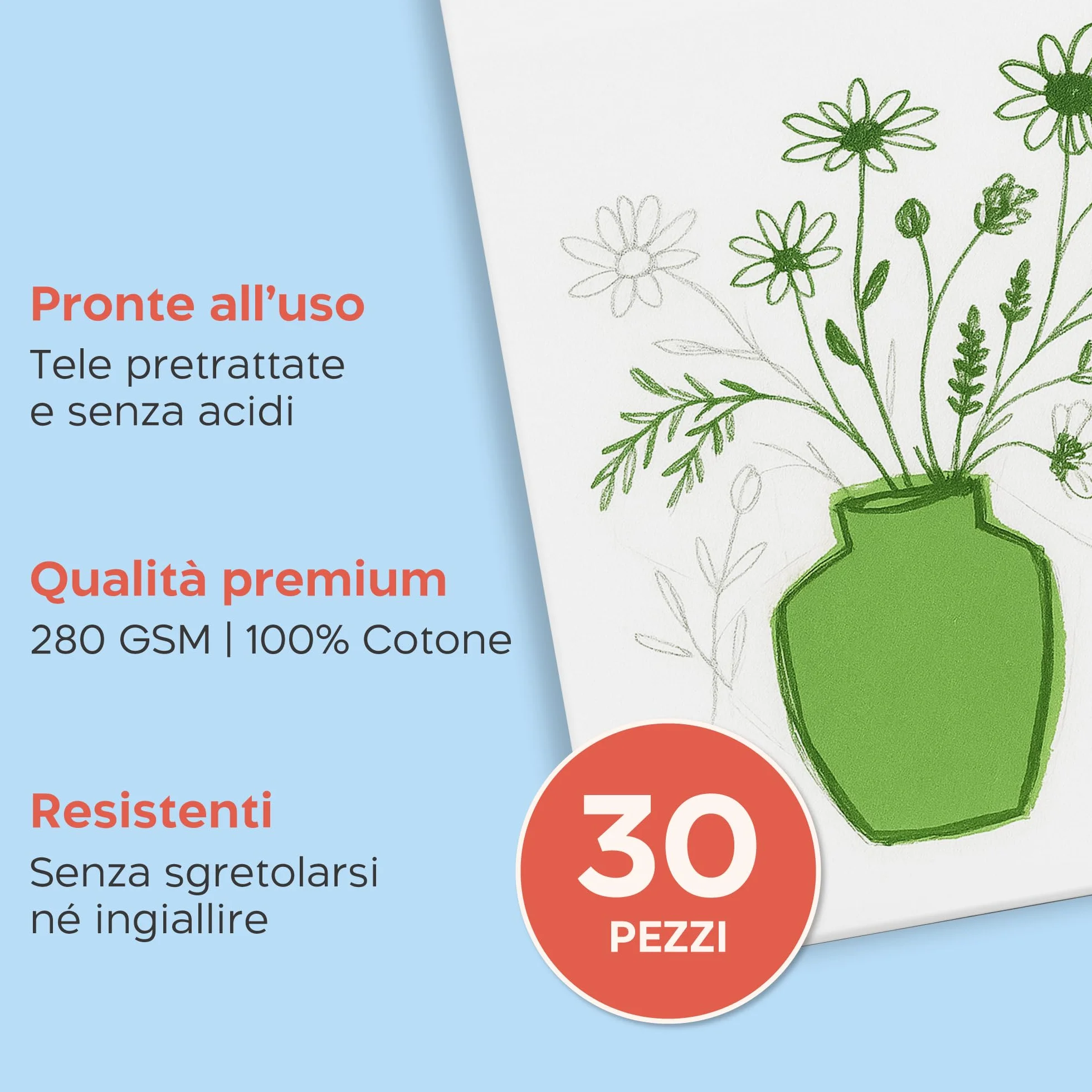 Zenacolor Tela per Dipingere 3 Dimensioni (Set da 30) - 280 g/m² 100% Cotone - Per Pittura Acrilica, a Olio, Tempera, Guazzo, ecc.