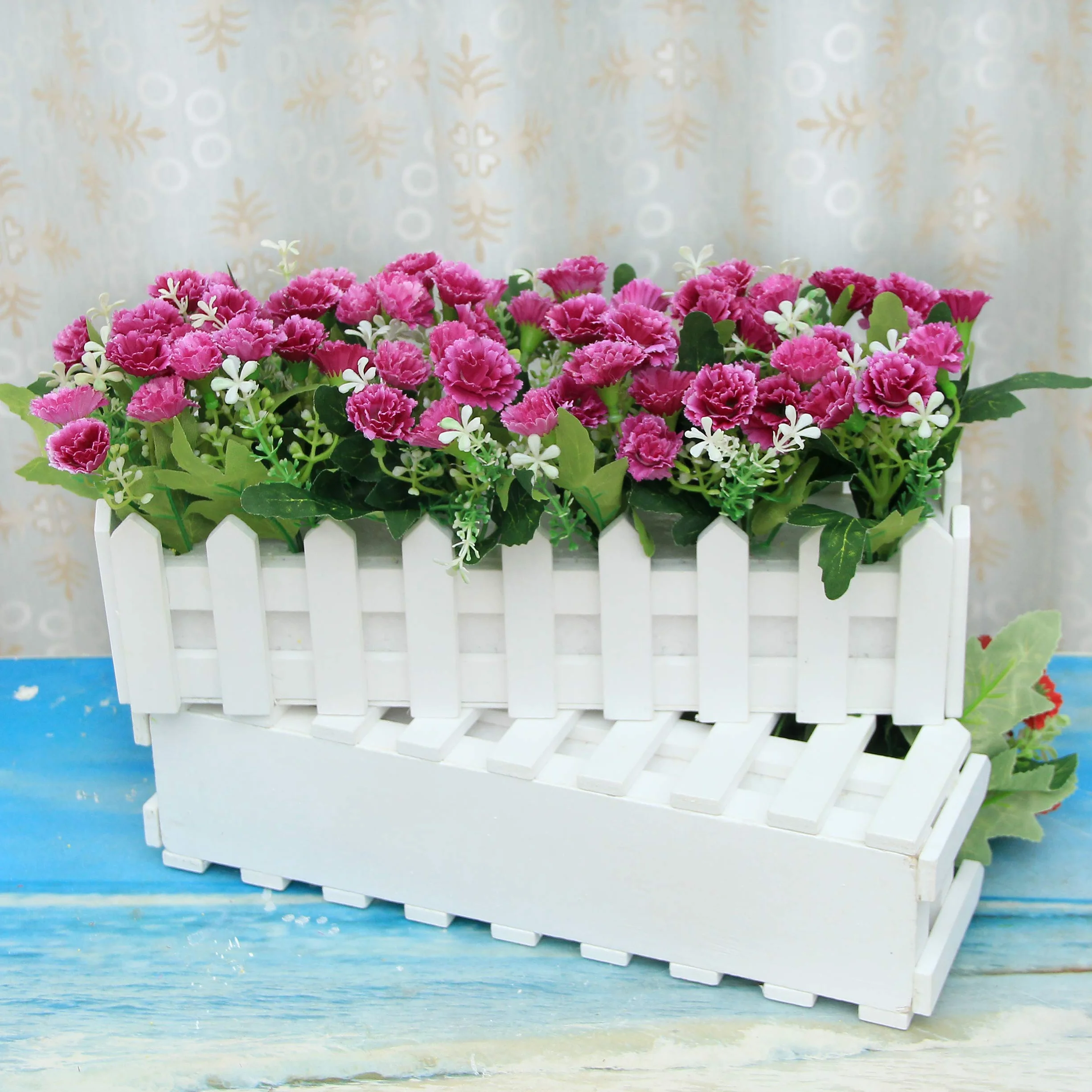 Garofani Fiore Artificiale con Recinto Faux Carnations Piante Artificiali in Vaso Simulazione Potted Bonsai Ornamenti Decorazioni Festa Casa Balcone Ufficio Nozze 30 * 7.5 * 15 cm - Viola