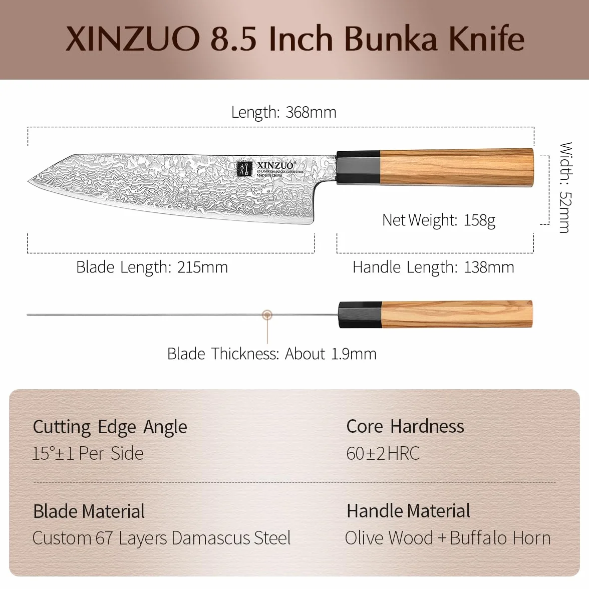 XINZUO Coltello da Cuoco Kiritsuke 21,5cm Acciaio Damasco Stile Giapponese Forgiato a Mano