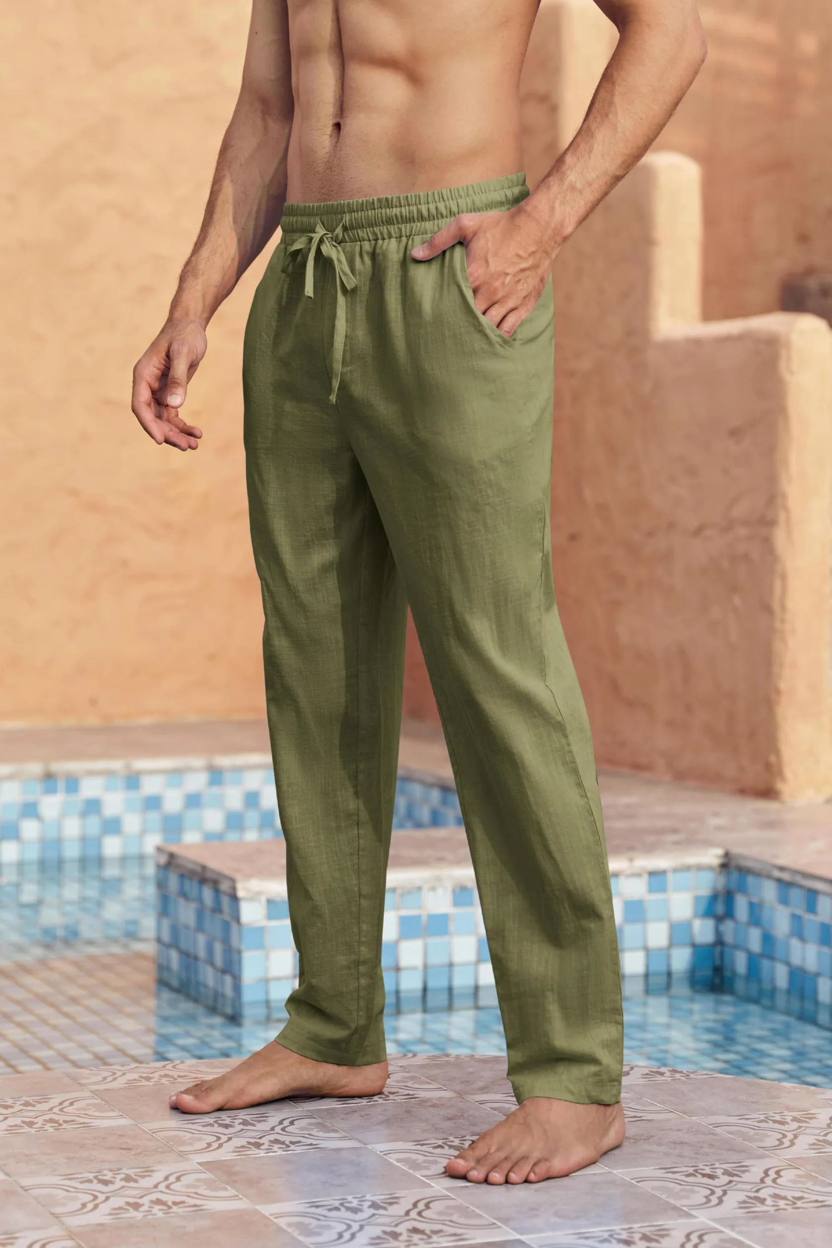 Pantaloni da Uomo in Lino, Tinta Unita, Leggeri, Taglio Largo, per Vacanze e Spiaggia