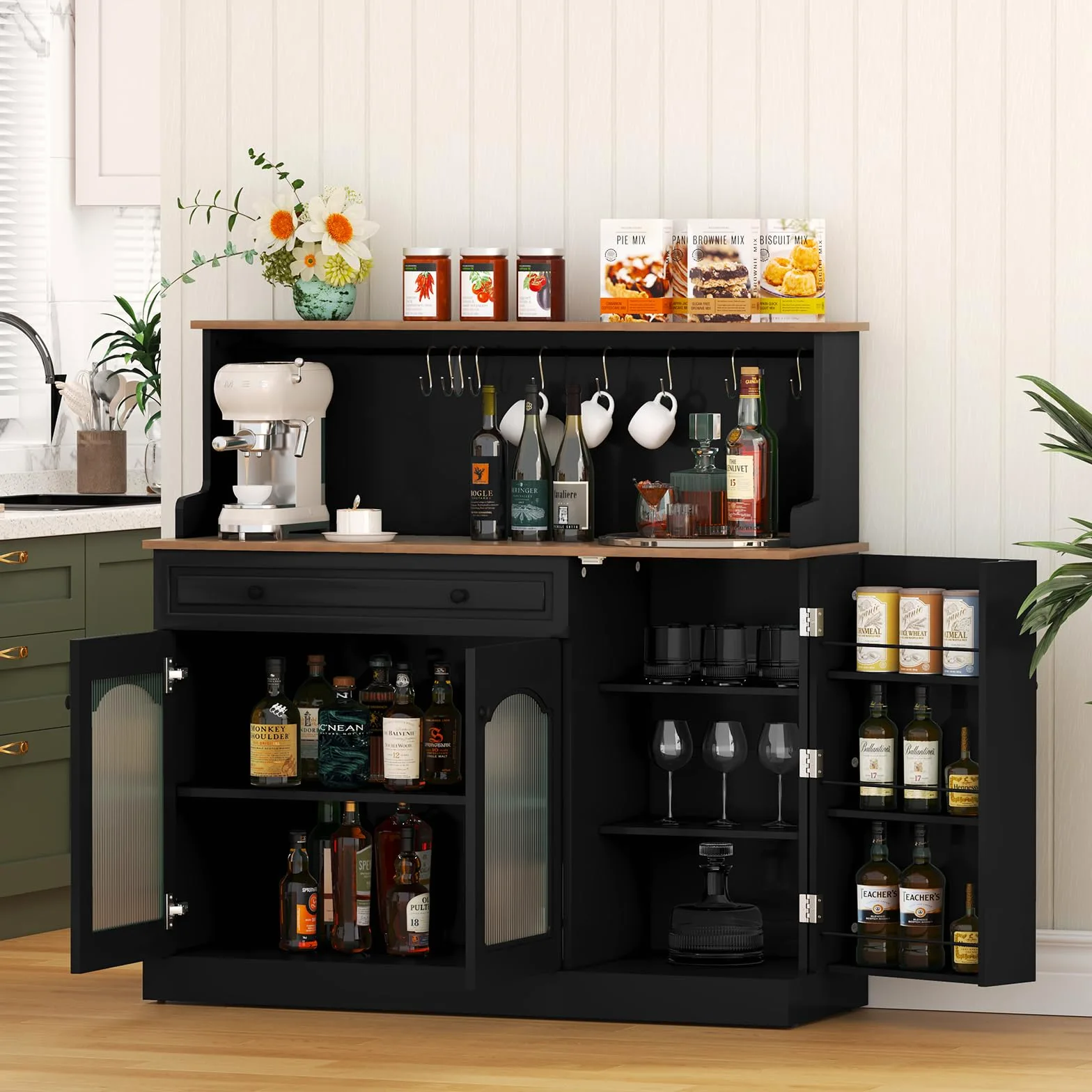 HOLTICO Credenza da Cucina Multifunzione, Armadietto per Microonde con Cassetto e Ganci per Tazze, Buffet Moderno per Soggiorno e Sala da Pranzo, Colore Nero Scuro