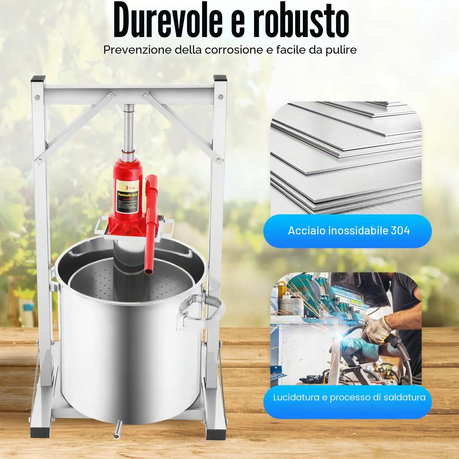 Torchio Idraulico per Frutta 22L, Spremifrutta in Acciaio Inox per Vino, Succo, Pressa Professionale Compatta, Uso Domestico e Cantina, con Filtro e Manici