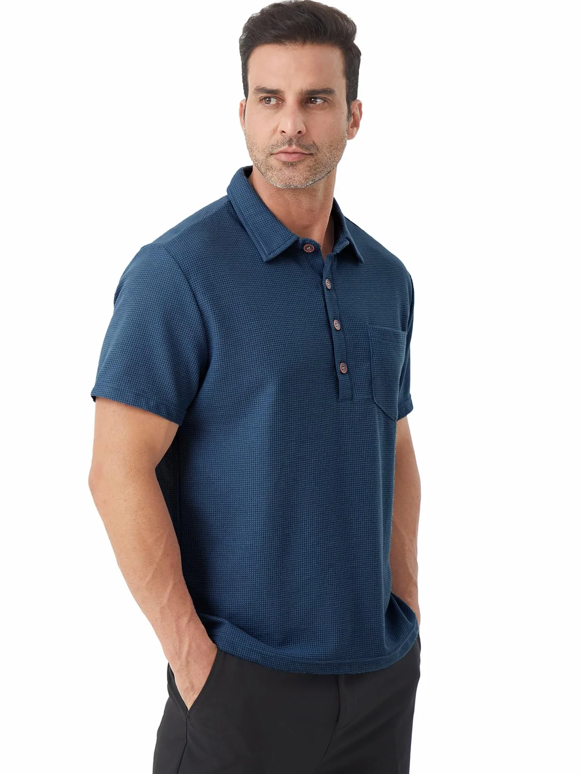 Polo da Uomo Manica Corta Tennis Golf Waffle a Maglia T-Shirt Ricami Poloshirt Camicia Cotone Piquet con Colletto e Bottoni Evolution