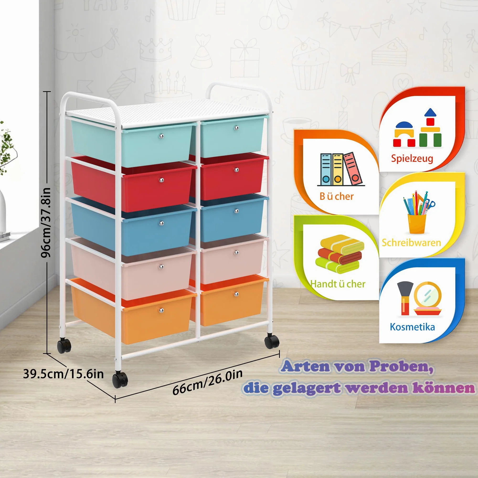 Carrello con 10 cassetti, impilabile, colorato, con struttura in metallo e ripiano, per ufficio, soggiorno (65 x 37 x 87 cm)