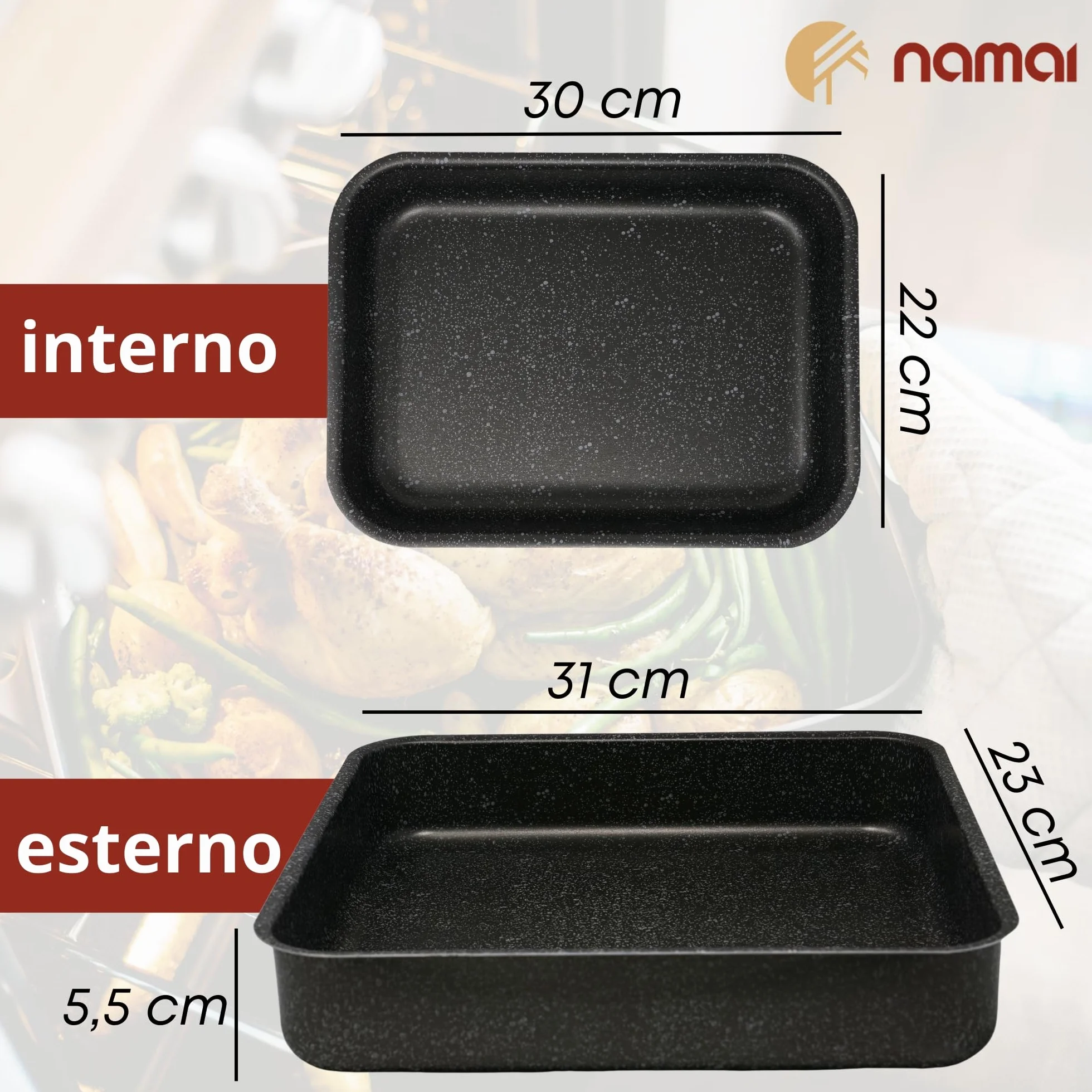 NAMAI Teglia Forno Rettangolare 22cm x 30cm x 6,5cm - Lasagnera Antiaderente - Adatta Per la Lavastoviglie- Alluminio - Teglie da Forno - Design Effetto Pietra (22cm x 30cm)