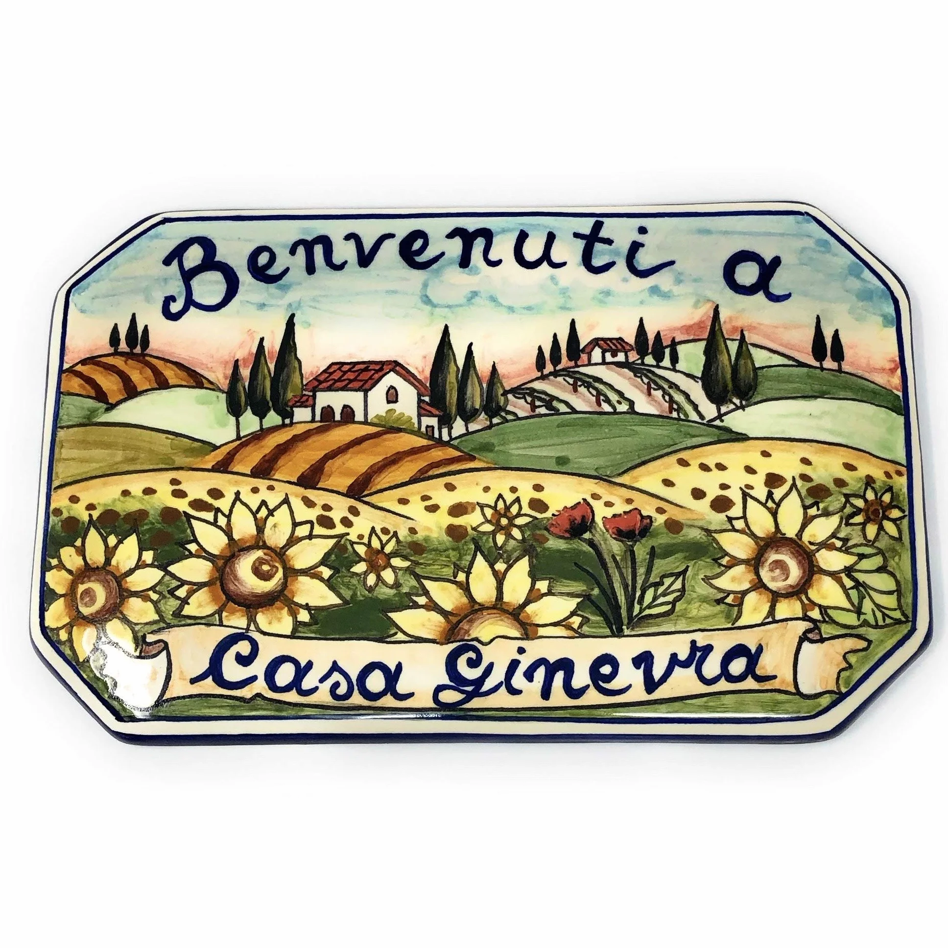 Ceramica italiana artistica numero civico 20x13 personalizzato decorazione paesaggio toscano fatta a mano