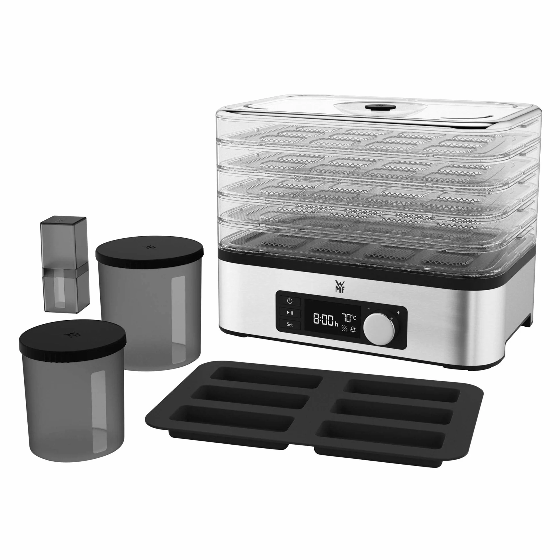 WMF KitchenMinis Essiccatore Compatto Snack to Go, in Acciaio Cromargan con 5 Griglie di Essicazione in Tritan, Sistema Silenzioso, Essicatore con Display LCD e Timer Programmabile, Dim. 28 x19x21 cm