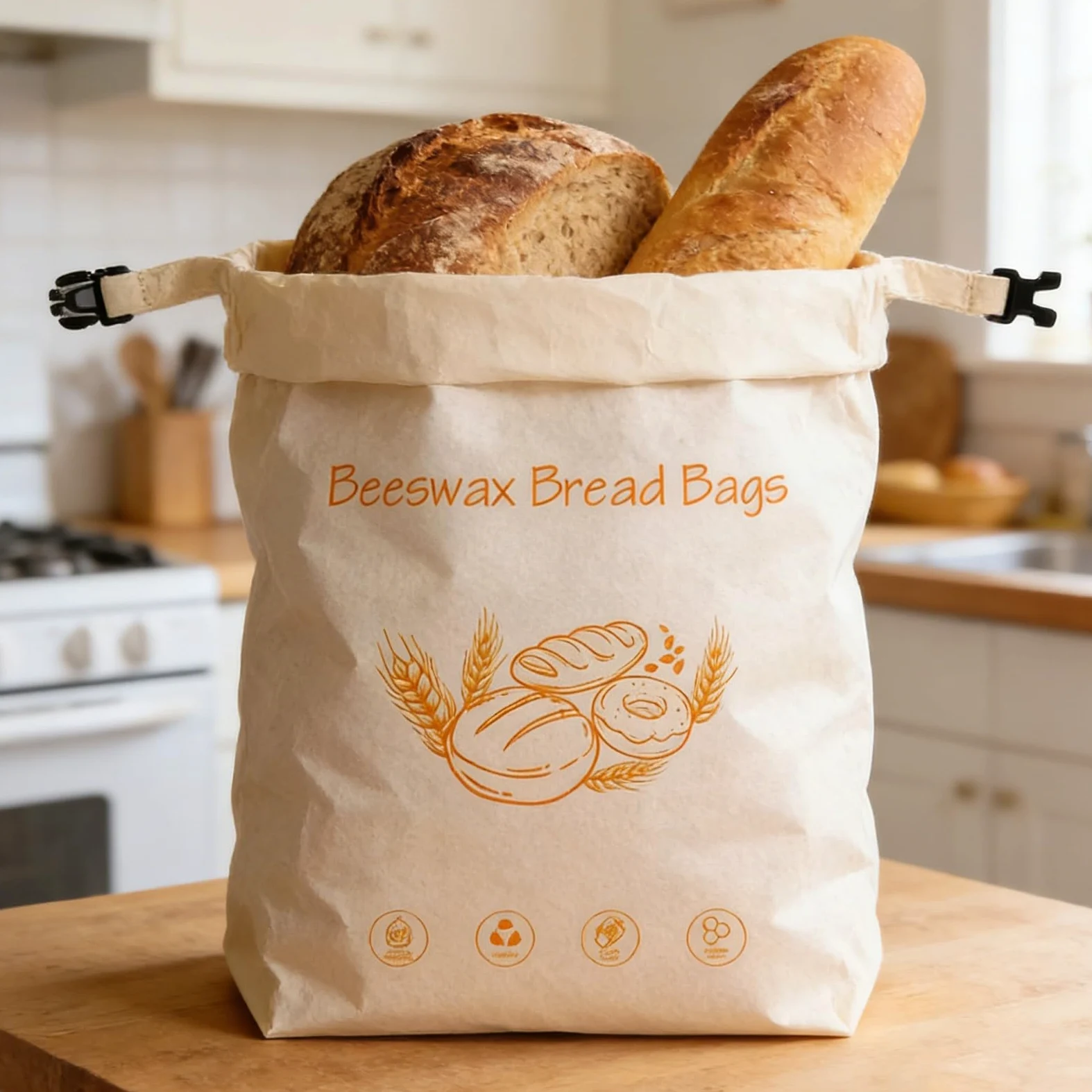 Borsa per alimenti in cotone biologico, cera d'api, con elastico e moschettone, essenziale per la cucina sostenibile per pane, formaggio, soluzione sostenibile per la cucina