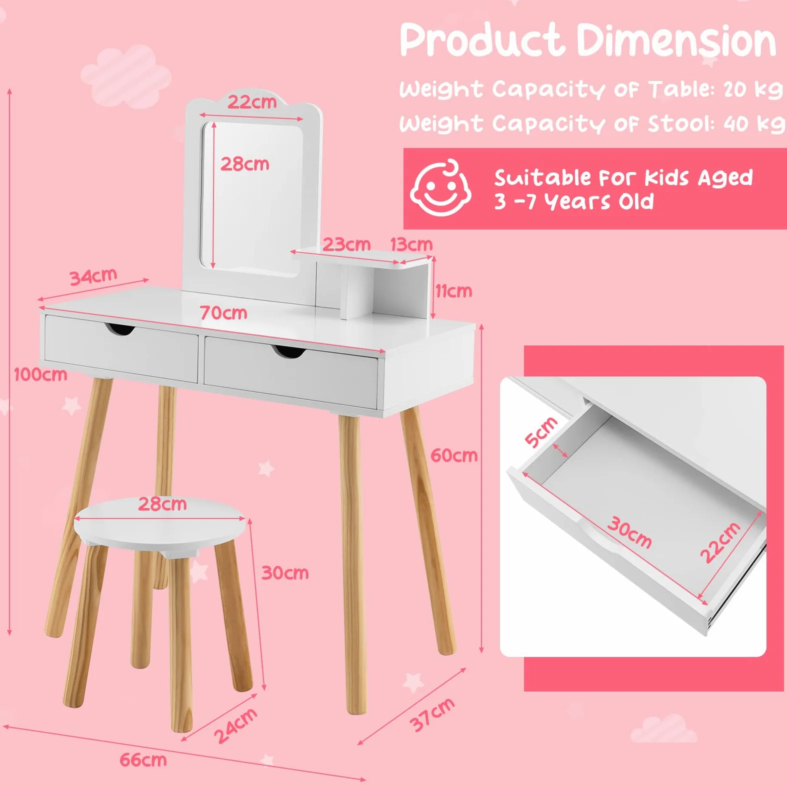 RELAX4LIFE 2 in 1 Toeletta Trucco Bambina con Sgabello, Specchio Staccabile, Set da Trucco con 2 Cassetti, Postazione Trucco per Bambini, 70 x 37 x 100 cm (Bianco)