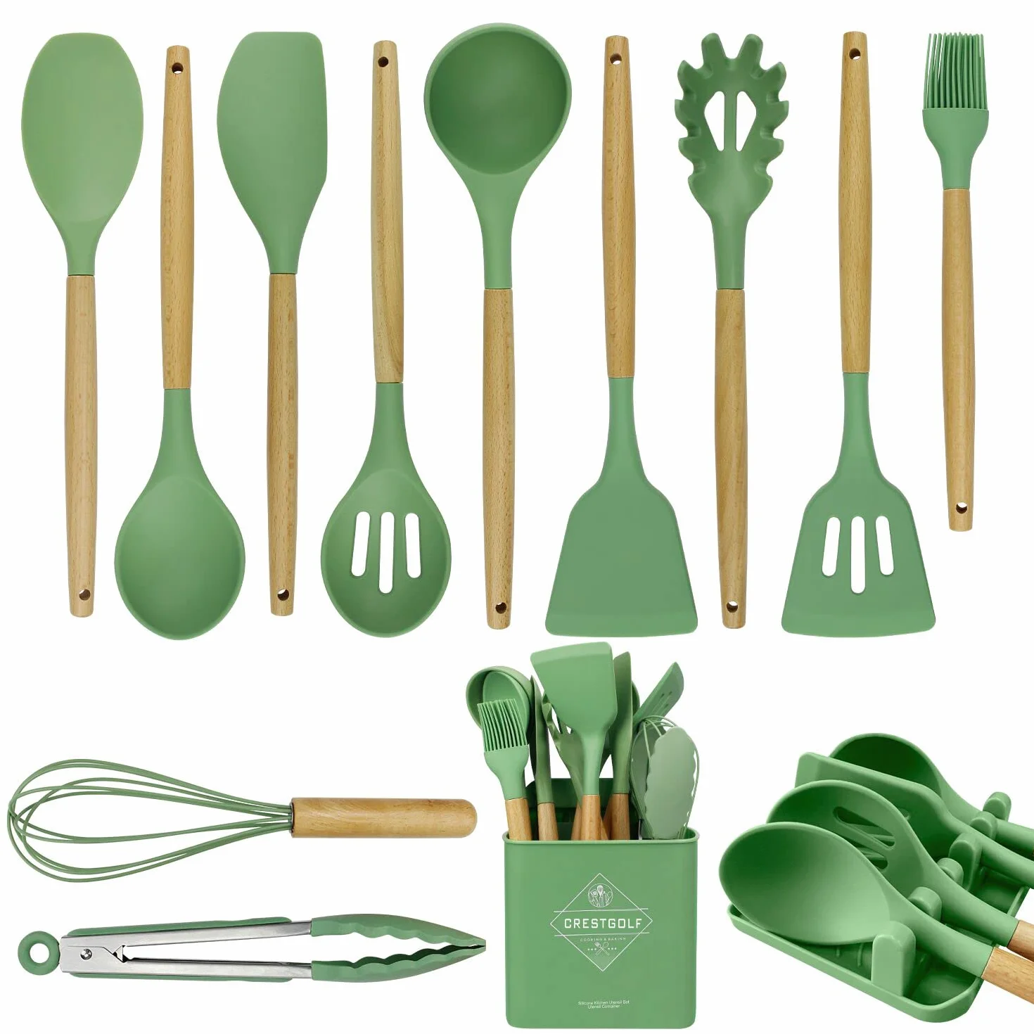 Set di 13 utensili da cucina in silicone resistente al calore con vassoio e manico in legno - Verde Avocado