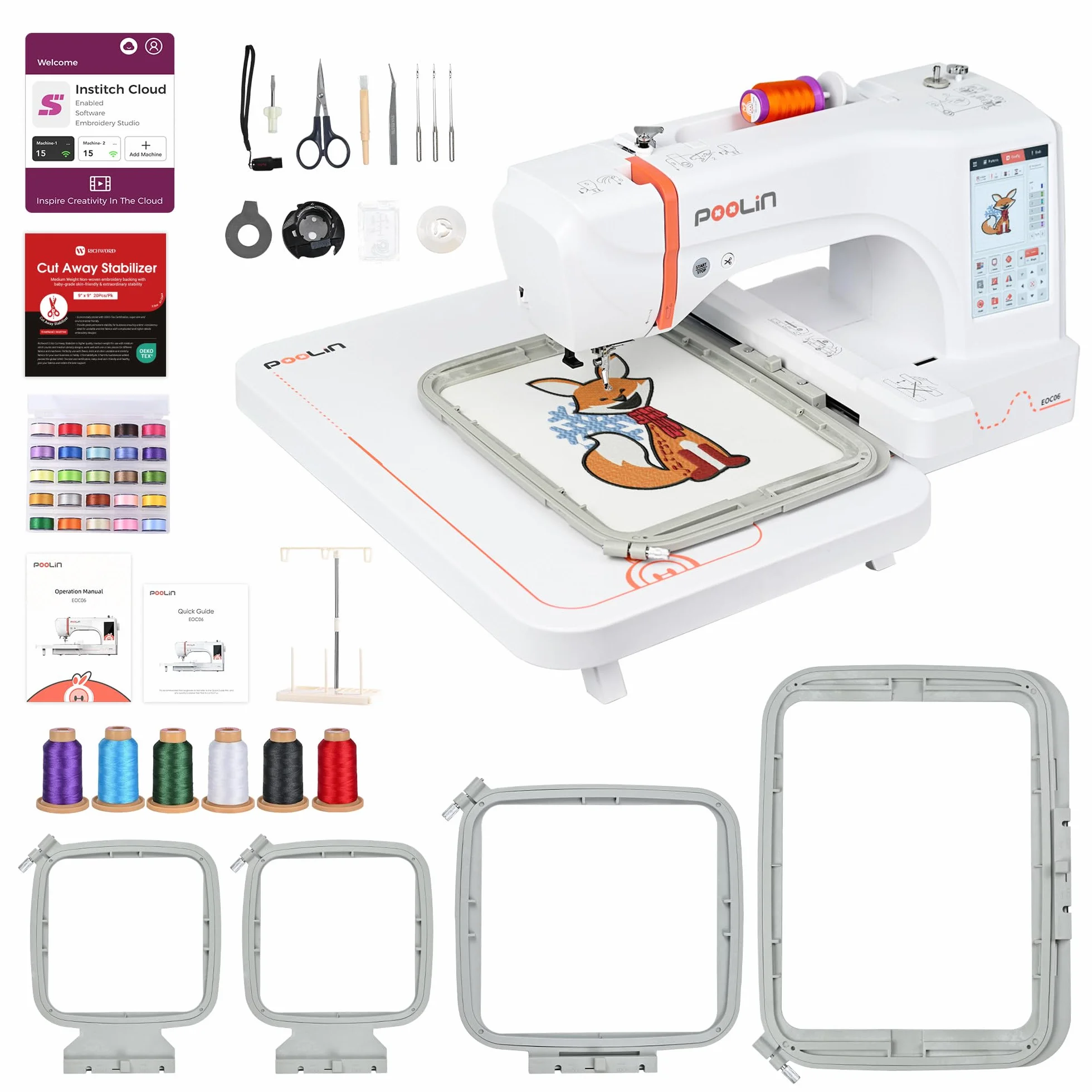 PooLin EOC06 - Macchina da ricamo, touch screen, ricamatrice digitale, lettere e motivi - Embroidery Machine - Personalizza magliette, polo, giacche, camicie, borse, asciugamani e altro ancora