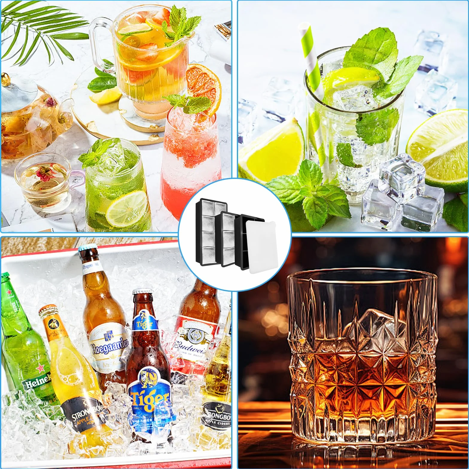 Fousenuk stampo ghiaccio silicone cubetti con coperchio forme grandi 3 pezzi per whisky cocktail bevande
