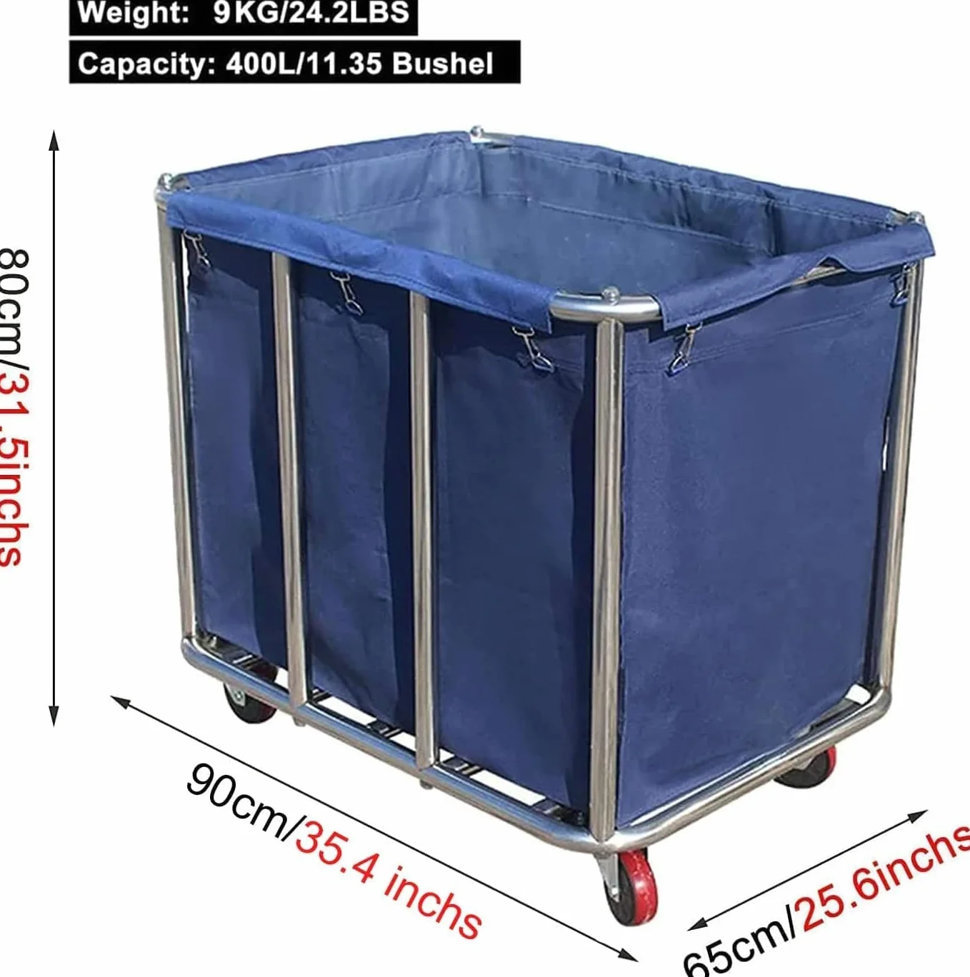 Carrello per la biancheria, grande commerciale, in acciaio inox, con ruote, per la casa, hotel, 400 l, 120 kg, 90 x 65 x 80 cm (blu)