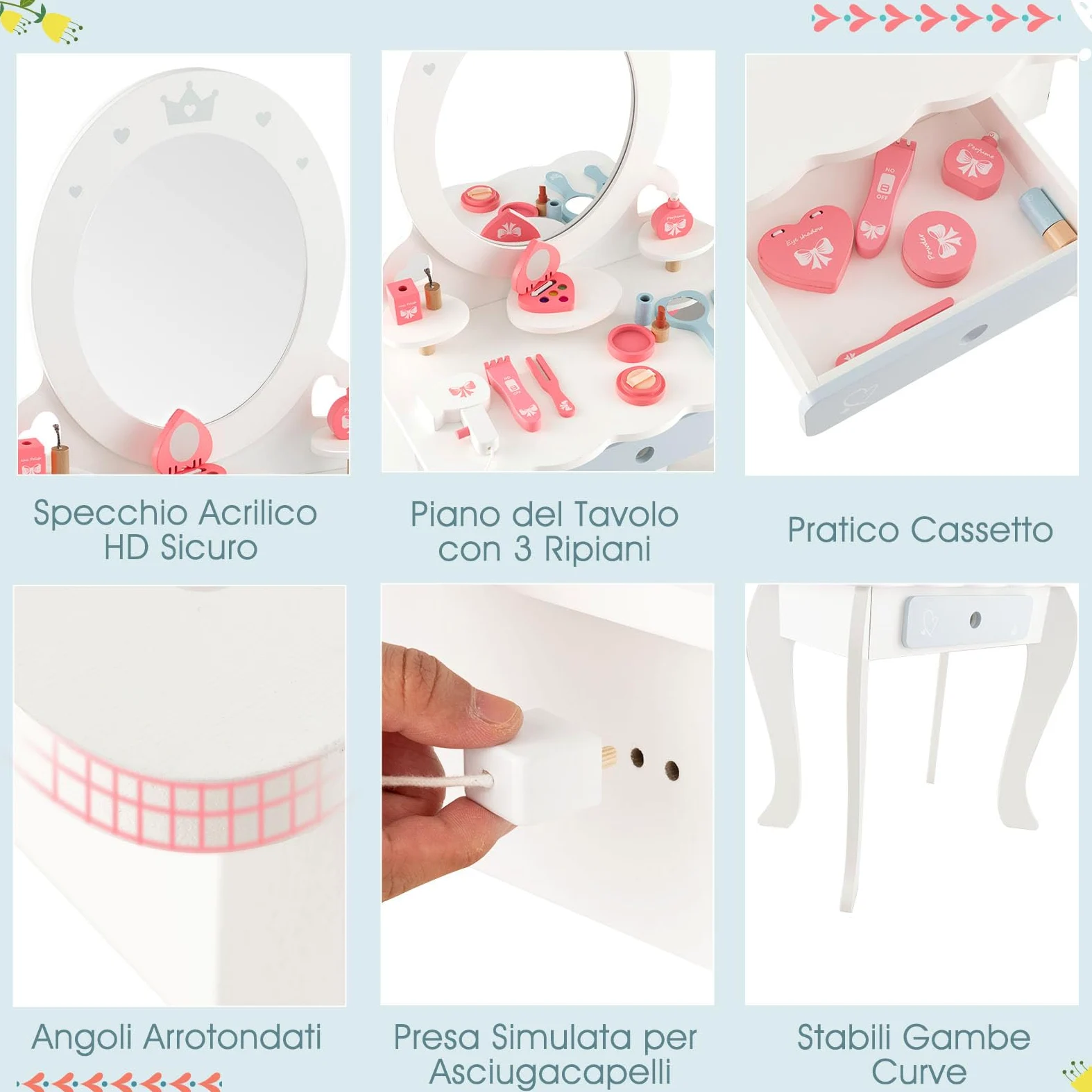 COSTWAY Toeletta Trucco 2 in 1 per Bambina, Specchiera Staccabile per Ragazza in Legno con Sgabello, Cassetto, Ripiani e Giocattoli, Postazione Trucco per 3 Anni, 50 x 34 x 93 cm, Bianco