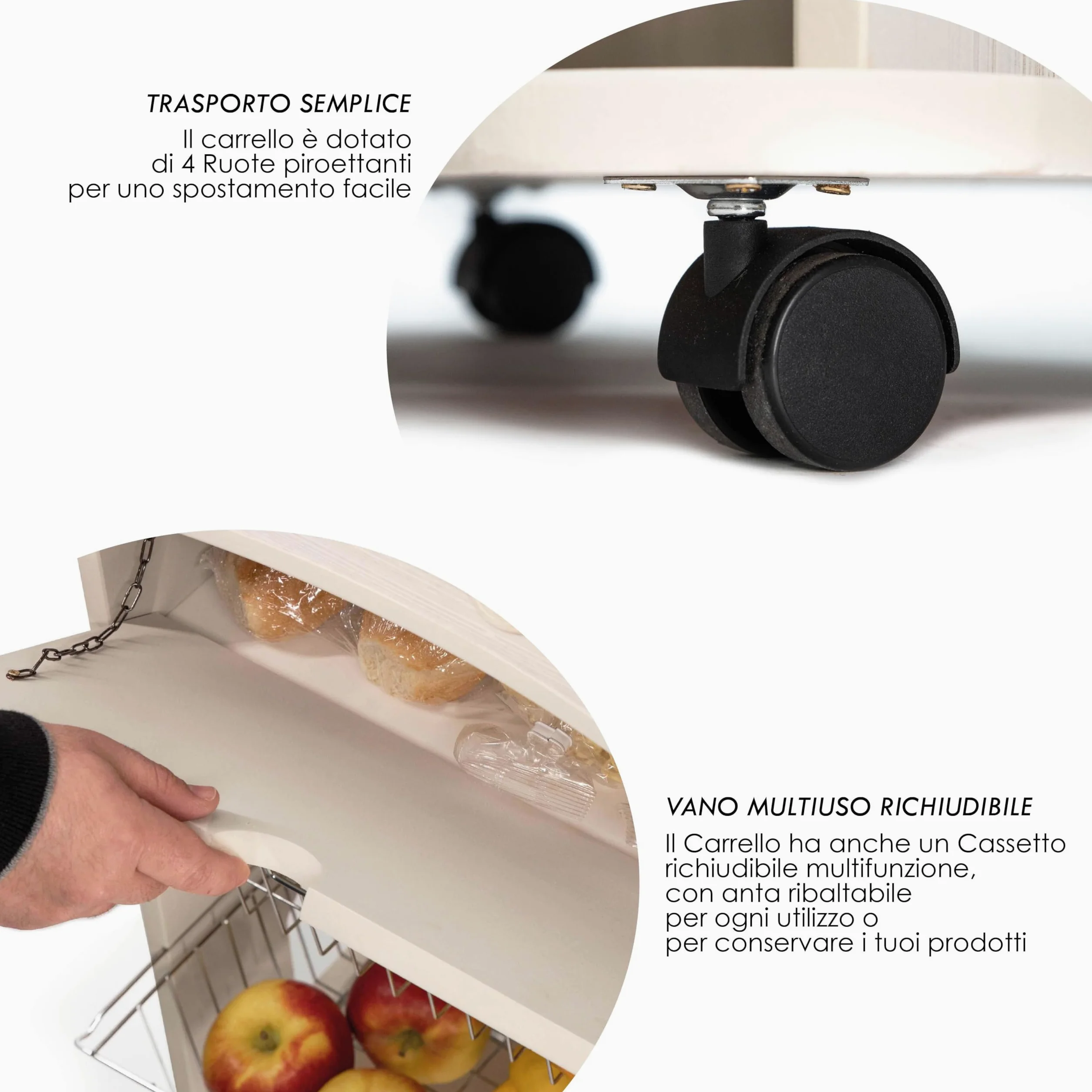 Lupia - Carrello Cucina Multifunzione Bianco WHITE ALBERO ABBRACCIO, Portafrutta Ruote Piroettanti, Piano di Appoggio, tre Cestelli Estraibili in Acciaio, Legno 40X45H85 cm montato