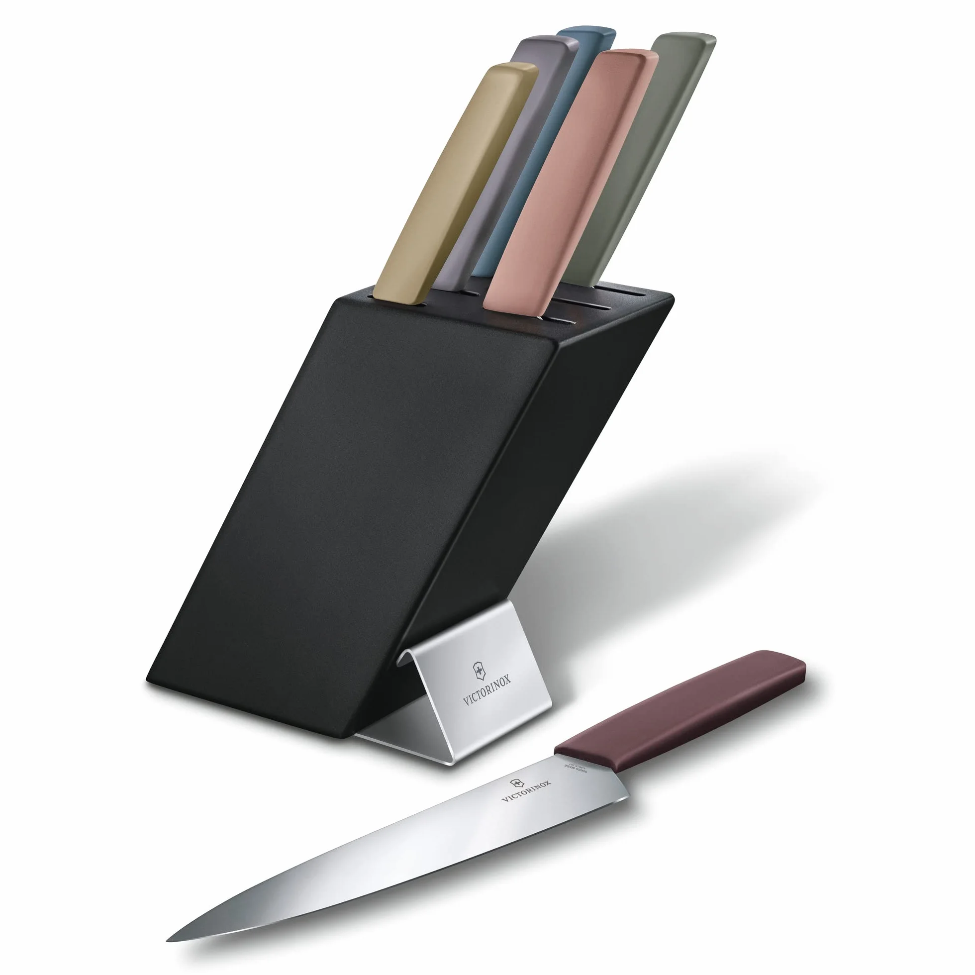 Victorinox Swiss Modern Ceppo di coltelli con 6 coltelli Riempito, 6 pezzi, custodia per coltelli da cucina, in legno, multicolore