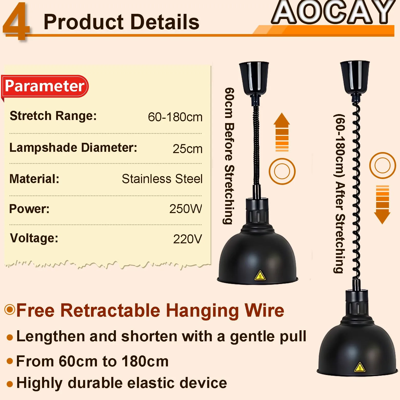 Lampada Riscaldante per Alimenti, Sospeso Lampade Scaldavivande Cucina 19 cm/25 cm, Lampade Riscaldanti per Cucina, Ristoranti, Hotel a Buffet 60-180cm Altezza Regolabile(Nero-25cm, 3 Pezzi)