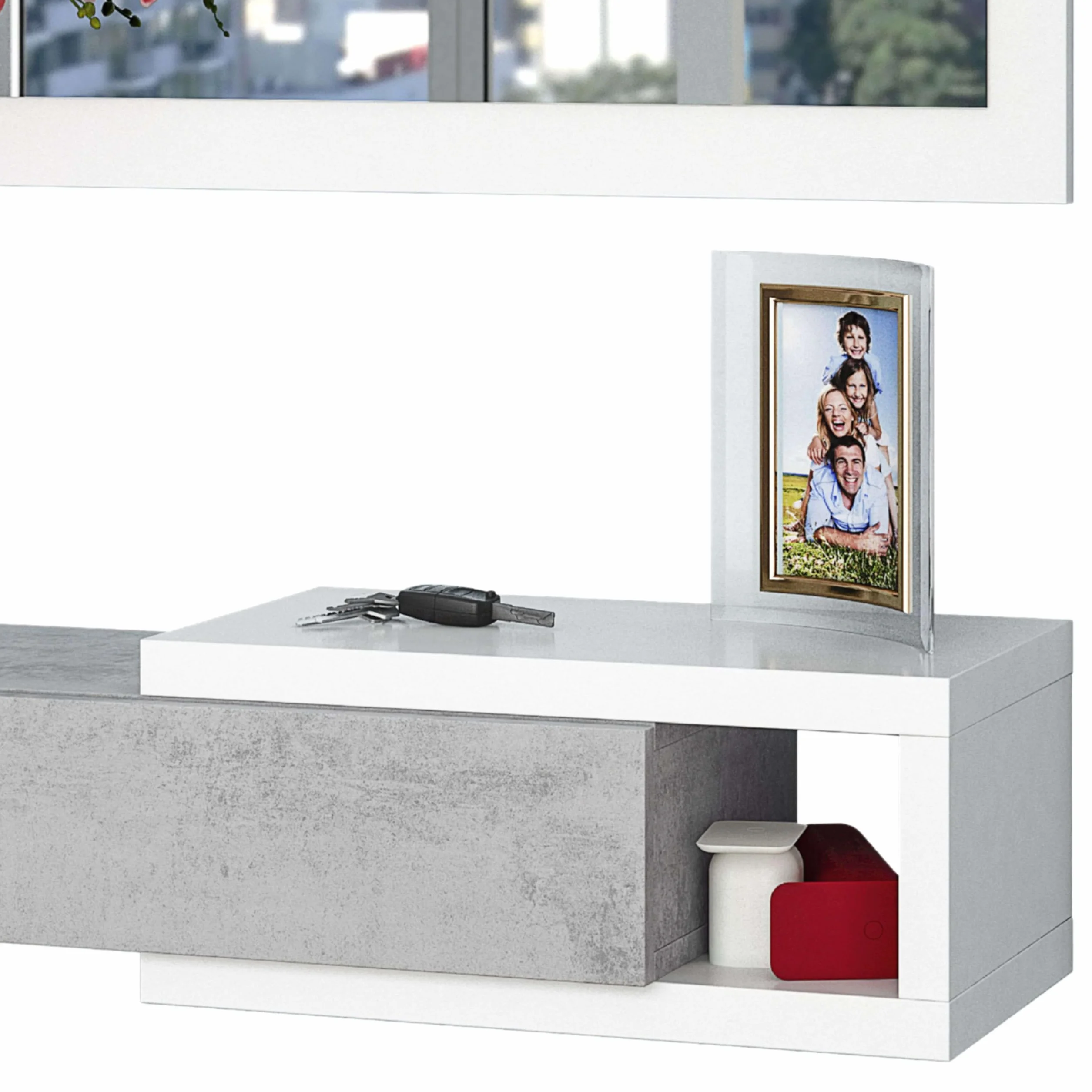 Habitdesign Ingresso con cassetto e specchio, mobile da ingresso, modello mezzogiorno, rifinito in bianco Artik e cemento, misure: 95 cm (larghezza) x 19 cm (altezza) x 26 cm (profondità)