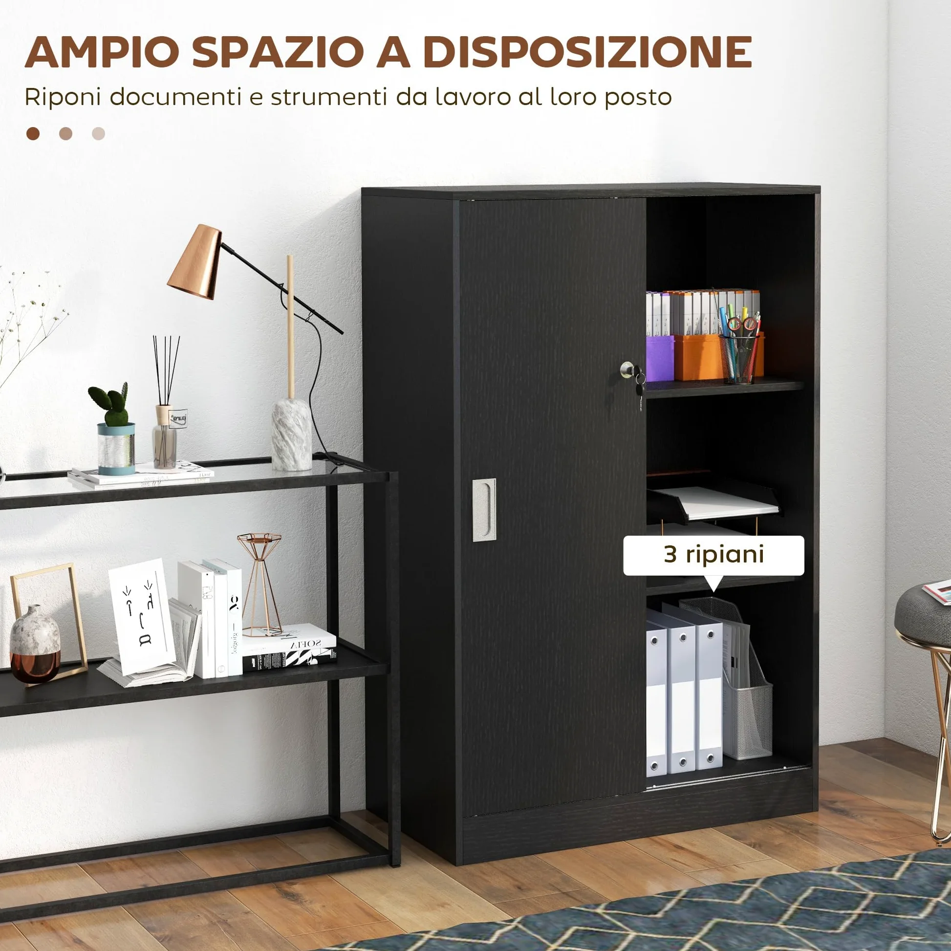 HOMCOM Armadietto da Ufficio a 3 Ripiani e ad Anta Doppia, Mobiletto Armadio da Ufficio in Legno, Mobiletto Multiuso con Chiusura e 2 Chiavi di Sicurezza per Studio, Garage e Soggiorno, Nero