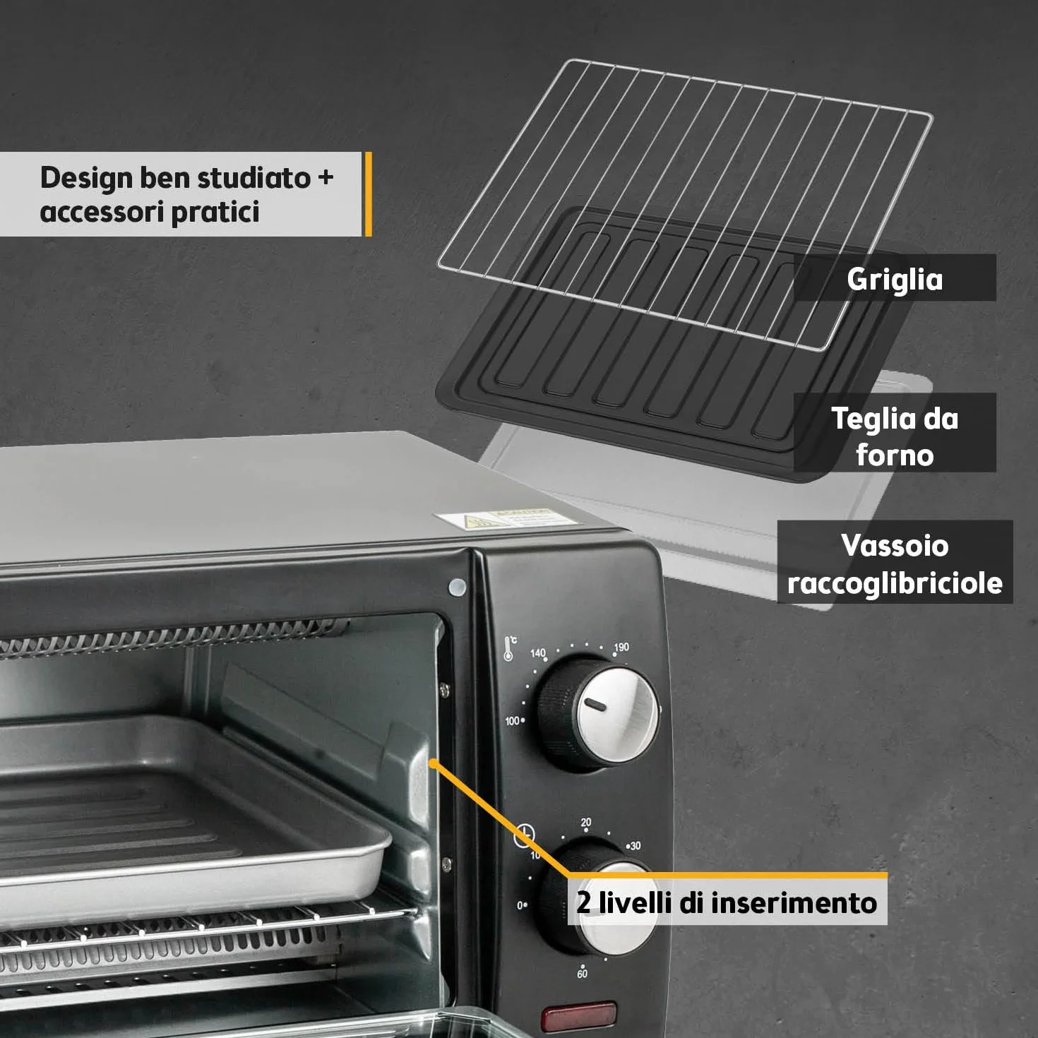Forno Mini 10L 800W First Austria Fornetto con regolazione temperatura 230°C timer 60 min 2 altezze teglia griglia