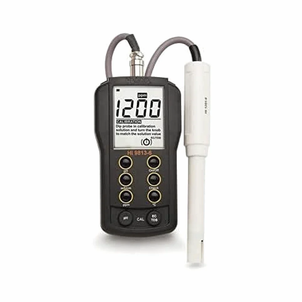 PH/EC/TDS/CÂ °-Meter (4.00 MS/cm, 1999 MG/L (PPM), Clean & CAL, sonde Hi 1285 – 6, 1 m cavo, DIN, processo di ierl., Batteria