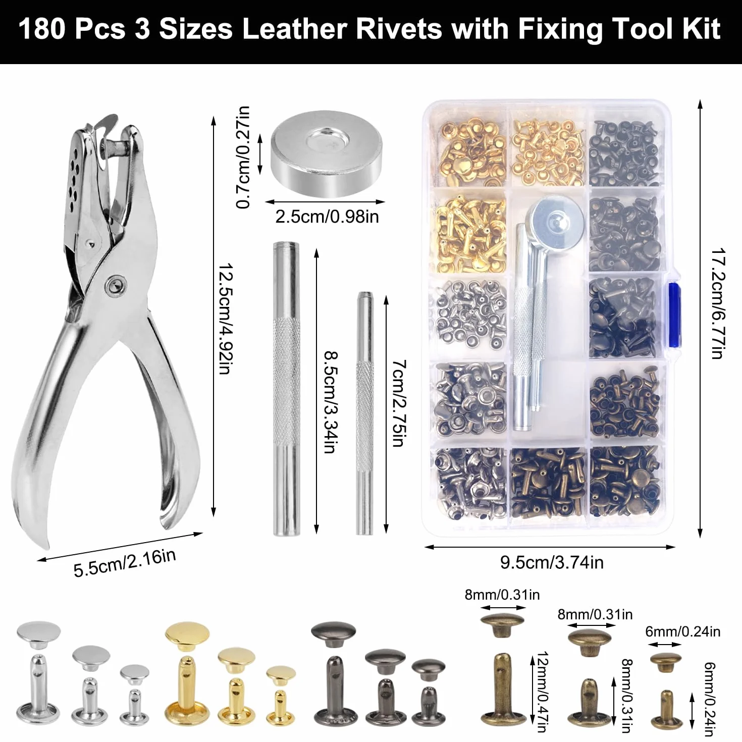 180 Set Rivetti di Pelle 6mm/8mm/12mm Doppio Tappo Rivetto Rivetti Metallici Borchie per Pelle con Punch Pinze 3 Pezzi Strumenti di Fissaggio, per Scarpe,Vestiti,choker,Artigianali Pelle(4 Colori)