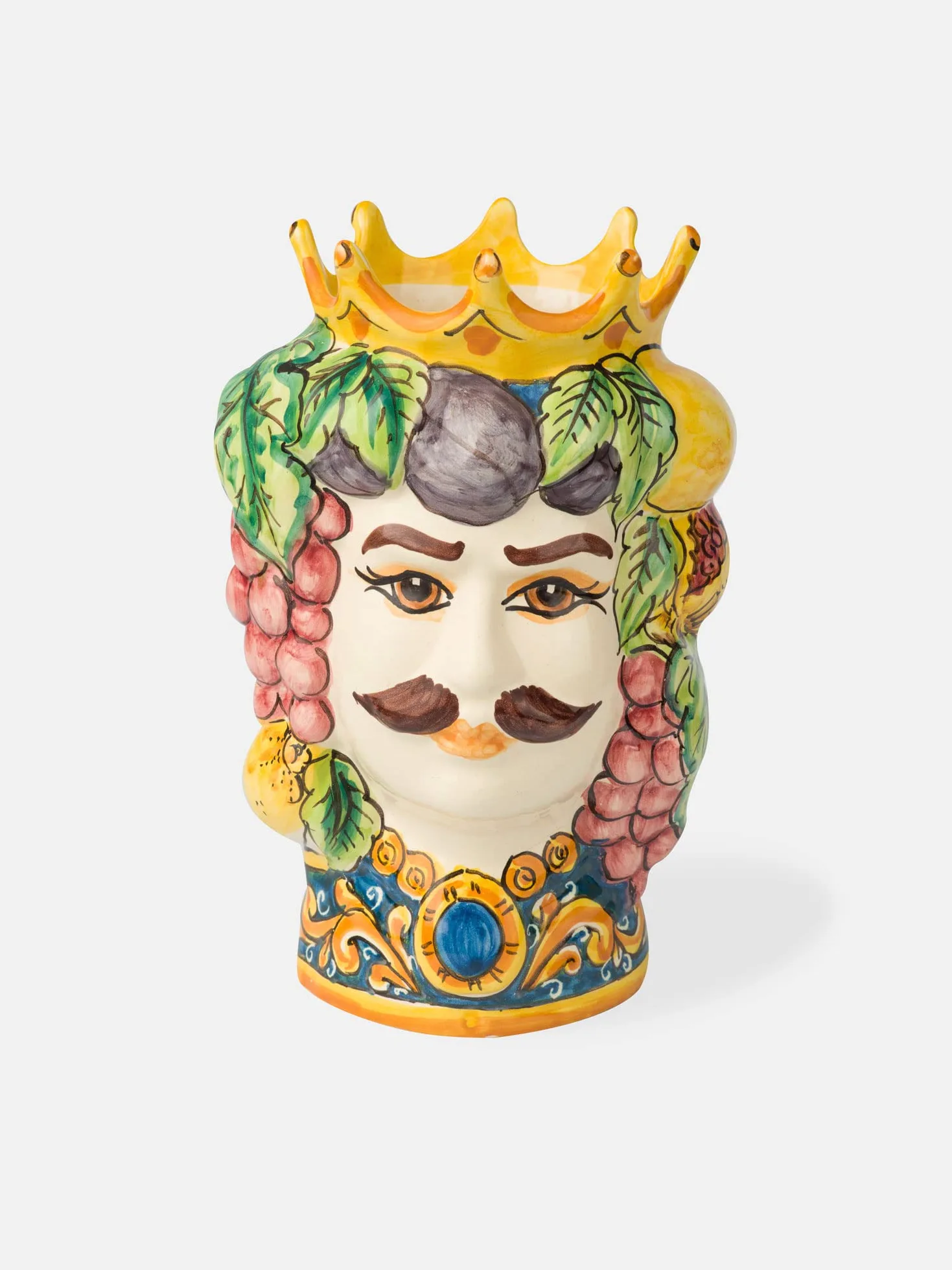 Terrecotte del Sole - Coppia Teste di Moro siciliane originali decoro frutta H 24 cm, realizzate e decorate a mano.