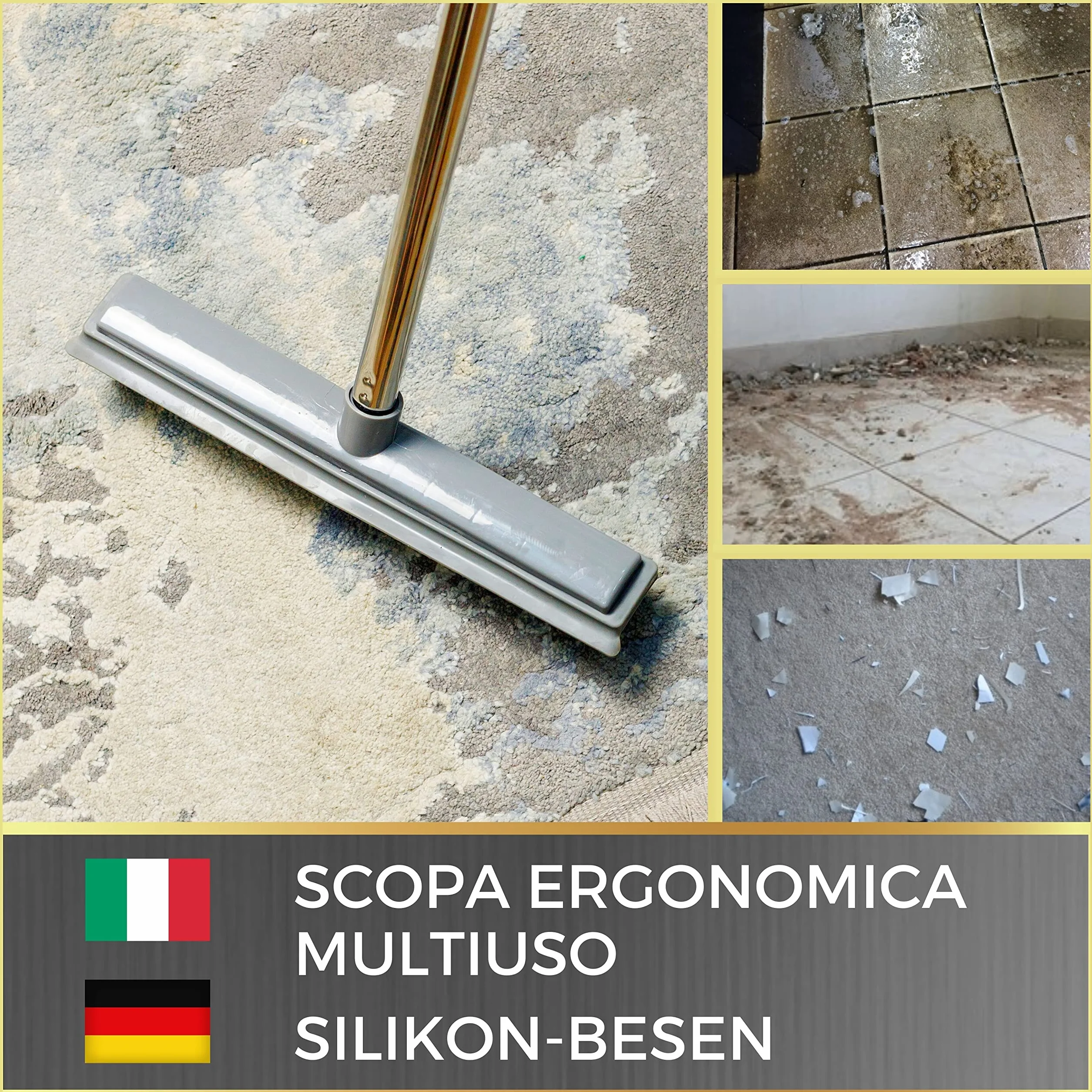 Kit Scopa in Silicone per Pavimenti con 2 Manici e 2 Appendi Scope