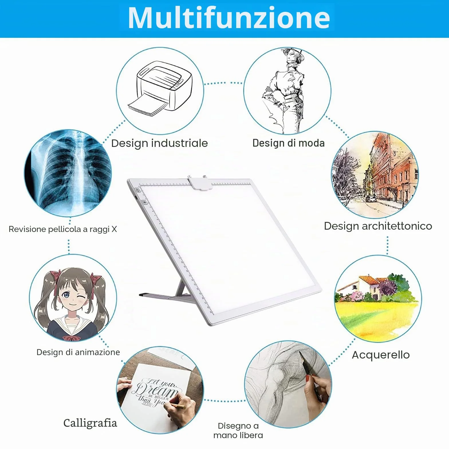 TOHETO A3 Ricaricabile Tavoletta Luminosa per Disegnare con Supporto Pieghevole, Light Box LED per Disegno, Luminosità Regolabile, Bianco