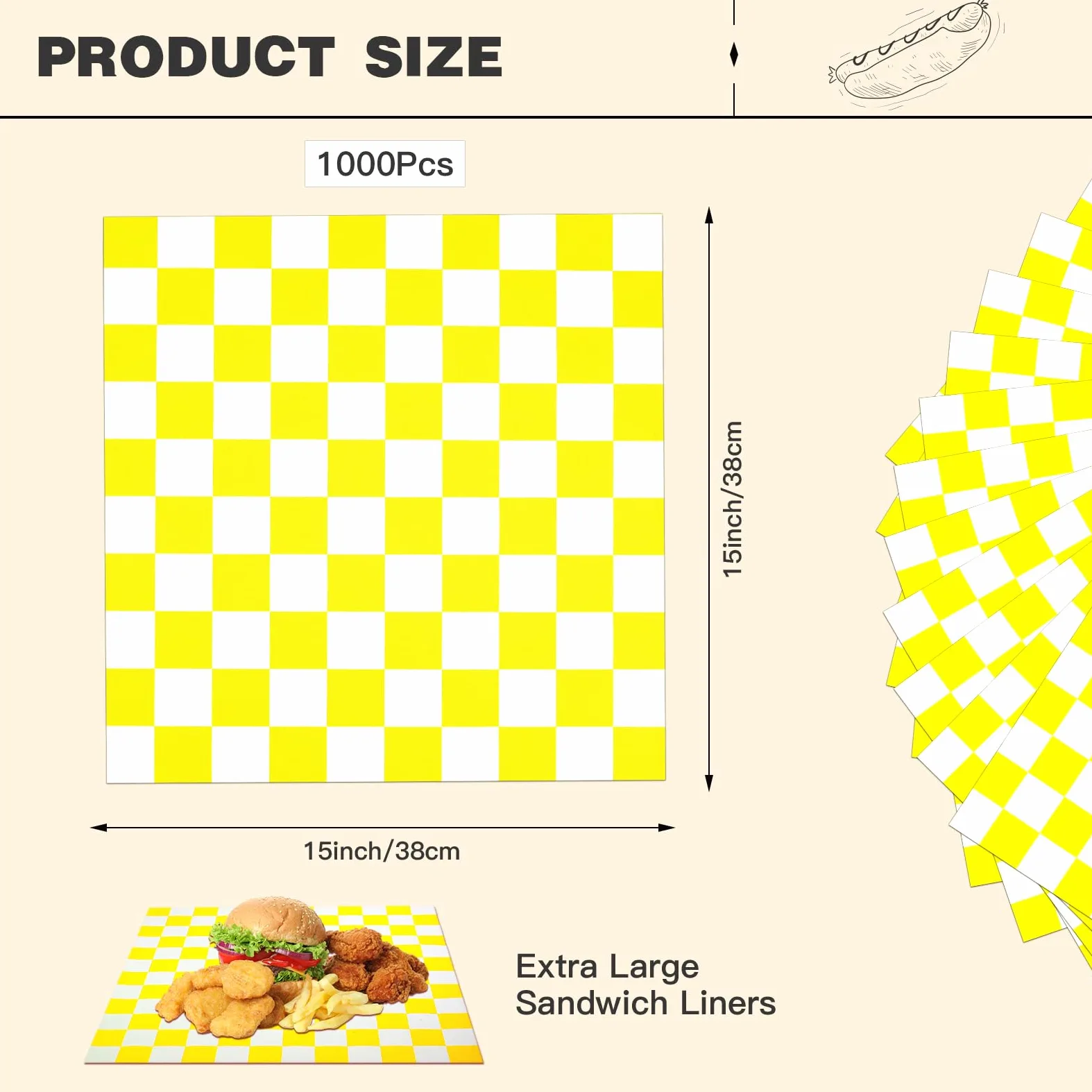 Colarr 1000 fogli di carta cerata, 38 x 38 cm, grandi fogli di carta da imballaggio a scacchi, per hamburger, pane, ristorante, barbecue, picnic (giallo)