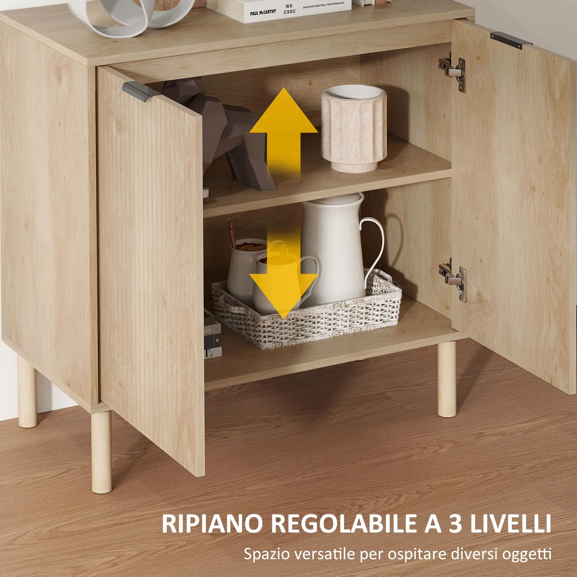 HOMCOM Mobiletto Multiuso a 2 Livelli con Ripiano Regolabile su 3 Livelli, Mobile Contenitore con Gambe in Legno di Pino, per Soggiorno e Camera da Letto, 78x40x77.5 cm, Color Rovere