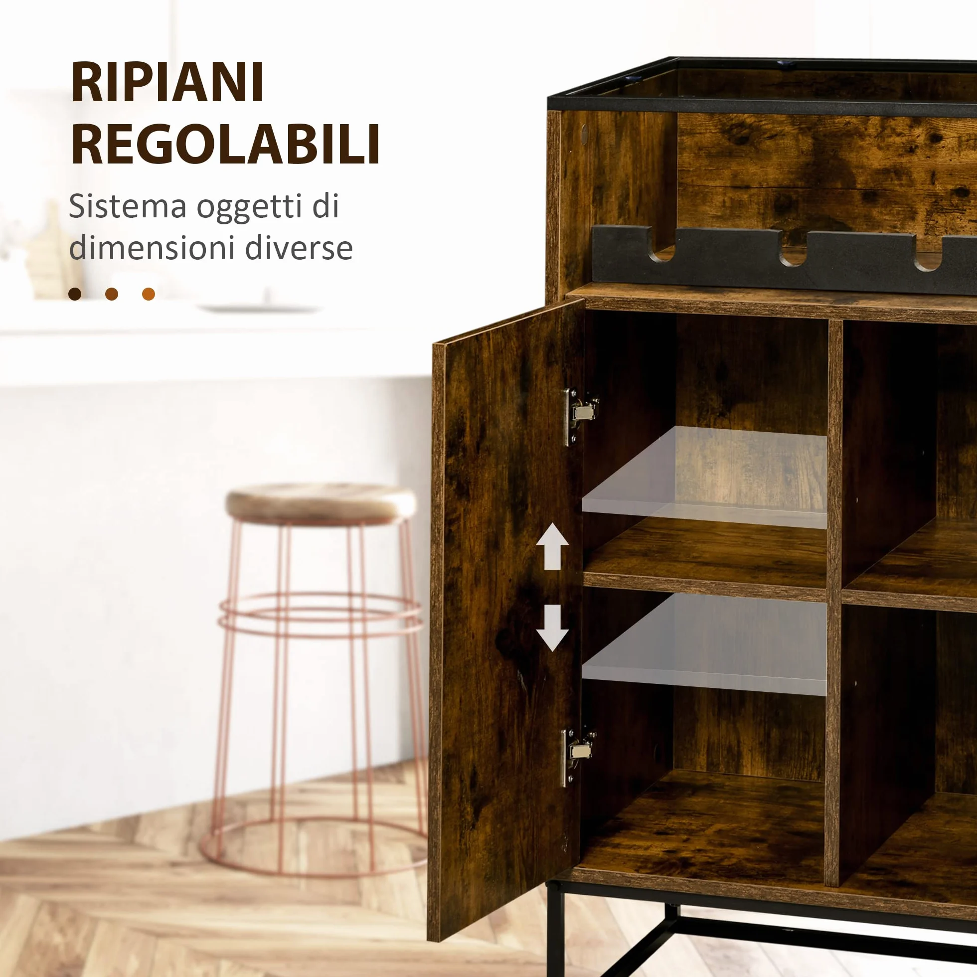 HOMCOM Mobile Multiuso da Salotto con Portabottiglie, Vani Aperti e Armadietto, Mobiletto Porta Vini Stile Industriale, 60x40x100cm, Marrone