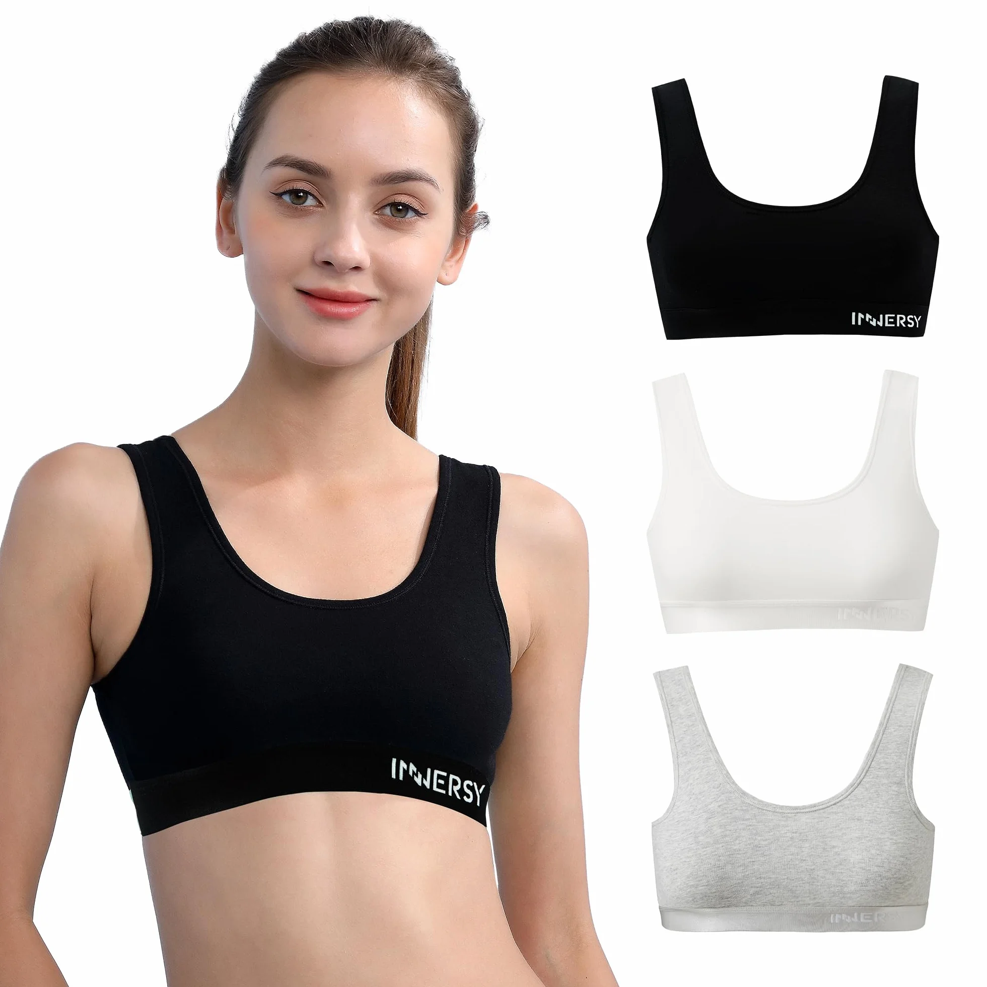 INNERSY Reggiseno sportivo bambina cotone senza ferretto taglia 116-164 confezione da 3