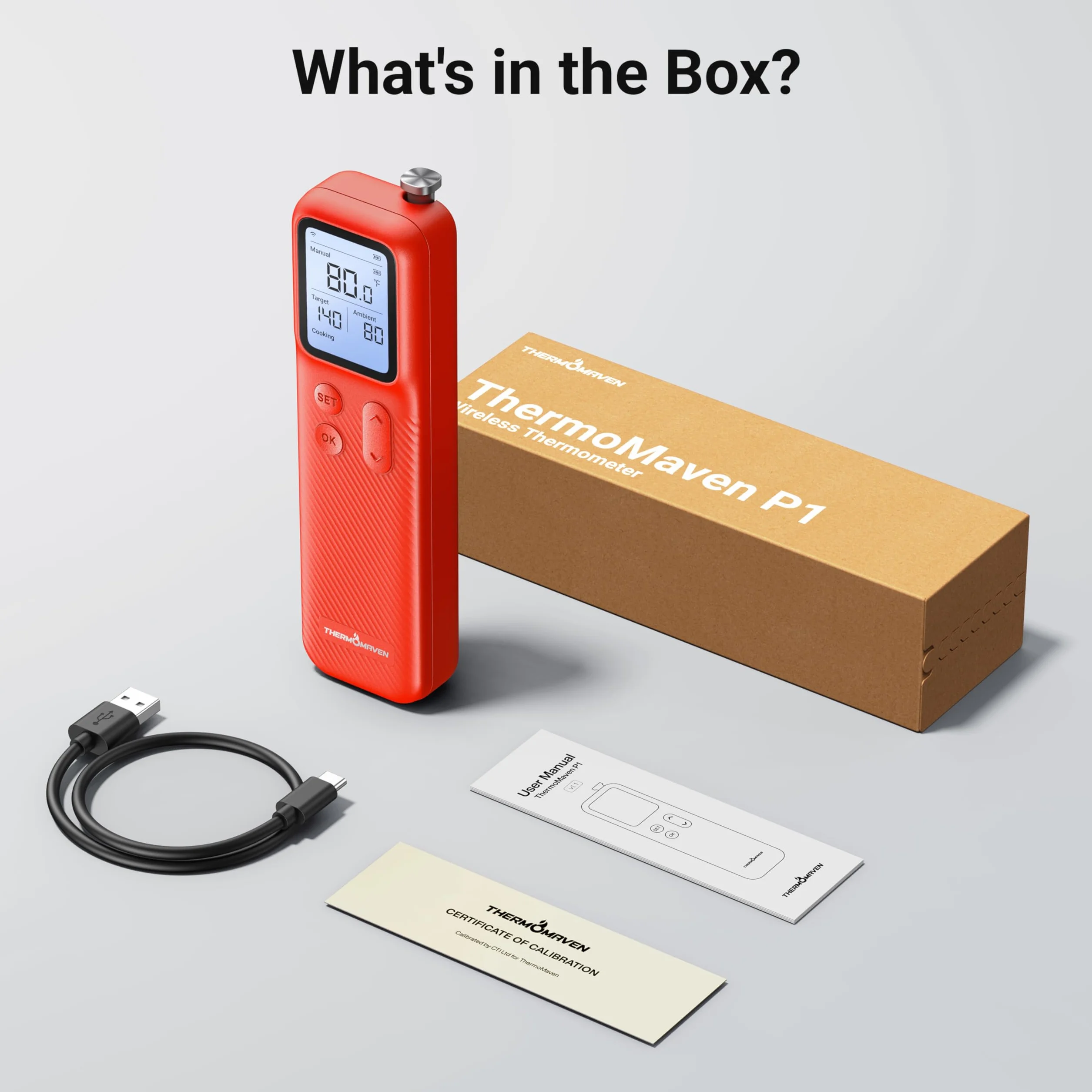 ThermoMaven P1 Termometro Intelligente per Carne Senza Fili – 152m Bluetooth 5.3, 1 Sonda 6 Sensori, Impermeabile IPX8
