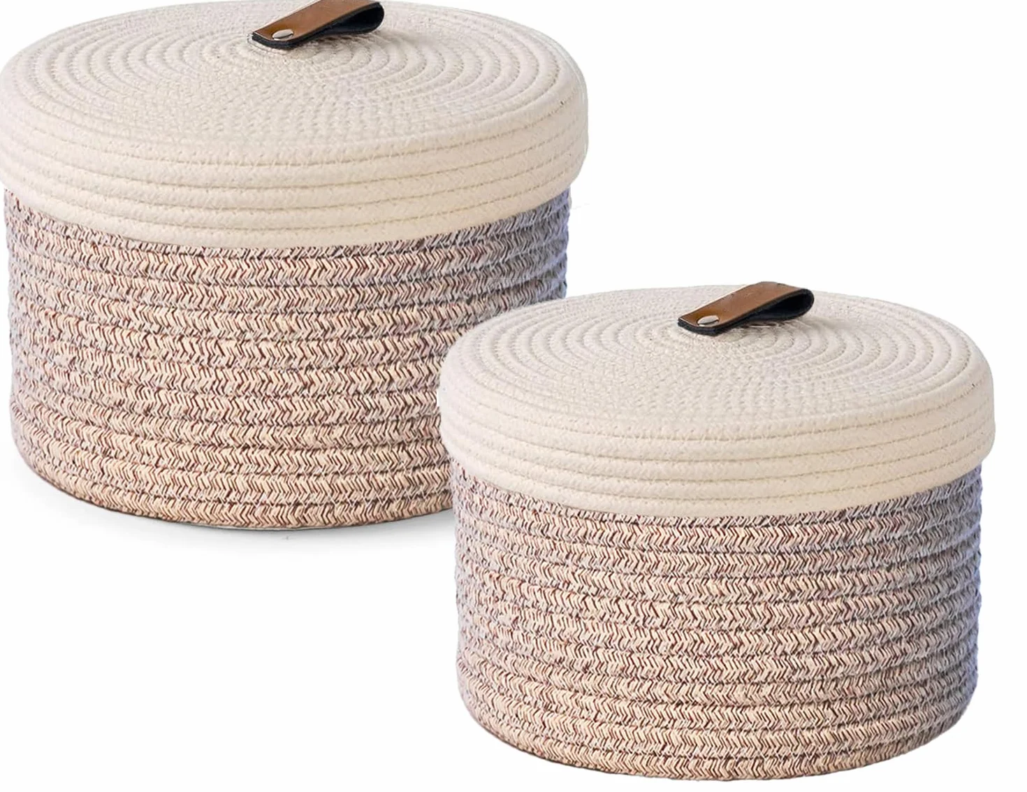 Cestini Portaoggetti con Coperchi 2 Pezzi - Cestino in Corda di Cotone Naturale con Fibbia in Pelle Decorativo