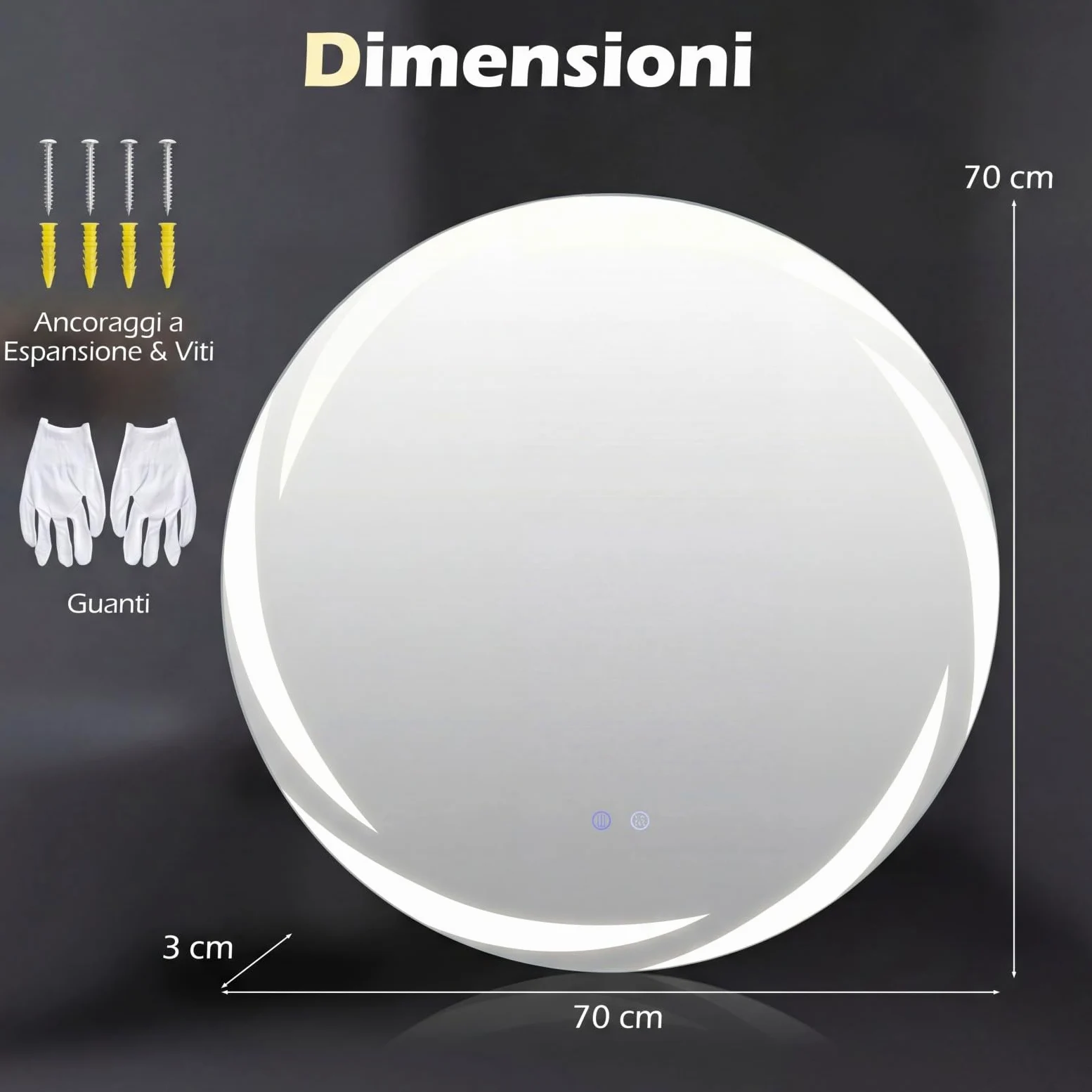 COSTWAY Specchio da Bagno con LED Rotondo 70 cm, Specchio da Parete Retroilluminato Dimmerabile con Vetro Temperato Antideflagrante, Luci a 3 Colori e Antiappannamento, IP44 (70 x 70 cm)