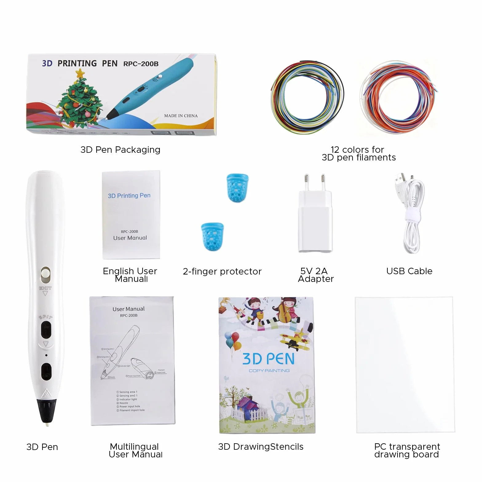 Set di penna 3D RPC200B con filamento PLA 12 colori, compatibile PLA, per lavori artigianali (bianco)