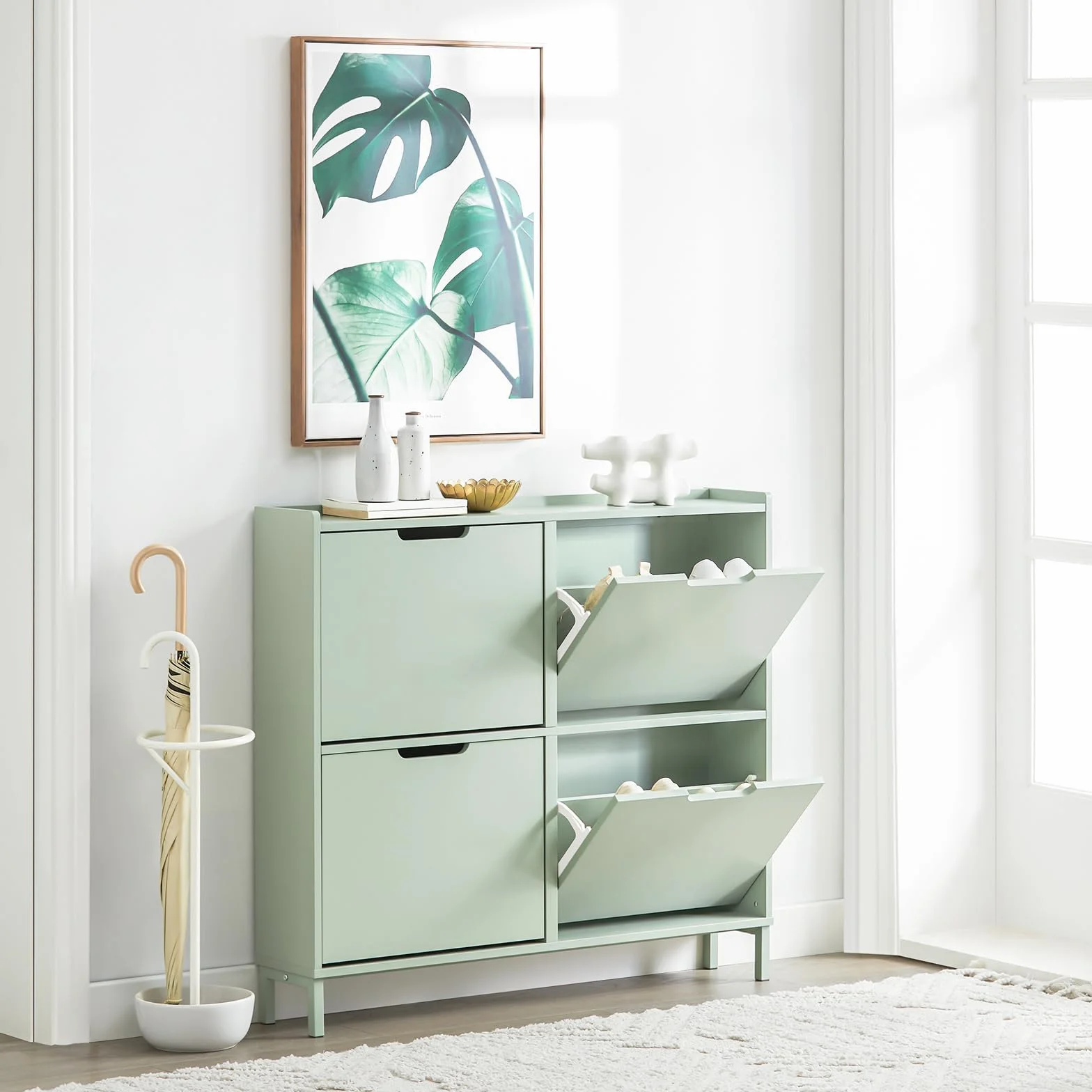 SoBuy Scarpiera Salvaspazio Slim da Ingresso Mobile Portascarpe 4 Ante a Ribalta Regolabili Legno Armadio Alta Stretta Corridoio 100x19x91 cm Verde Chiaro FSR100-GR
