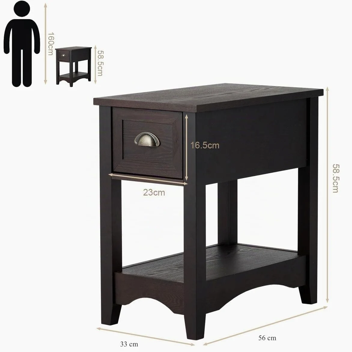 LIFEZEAL Set di 2 Comodini Stretti con 1 Cassetto, Comò a 2 Ripiani, Mobiletto Camera da Letto, Moderno, Tavolino Basso Laterale da Divano, Gambe in Legno Massello, per Soggiorno, 33x56x58,5cm, Noce
