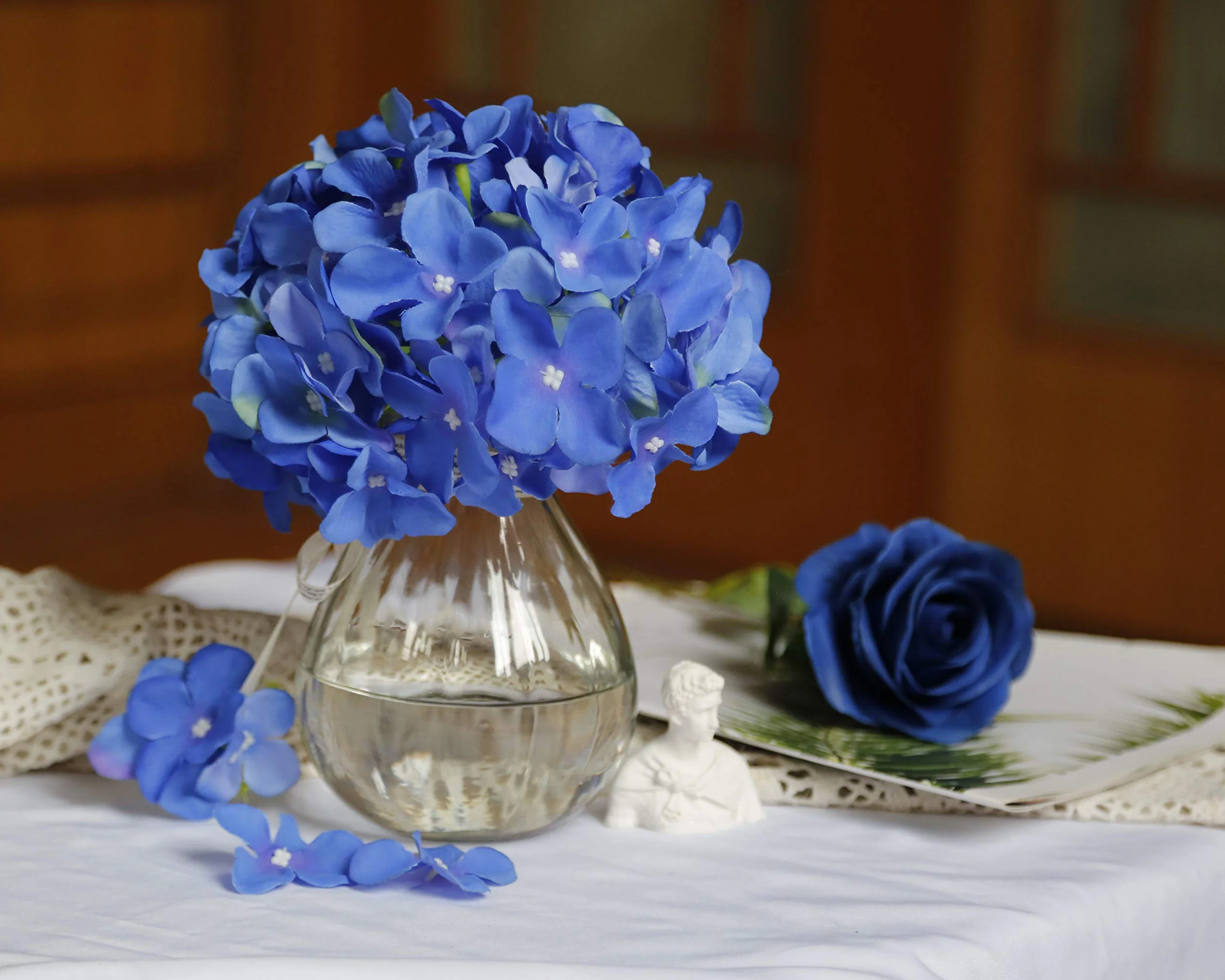 DuHouse Fiori artificiali di ortensia in seta più grandi con stelo, confezione da 6 (blu reale)