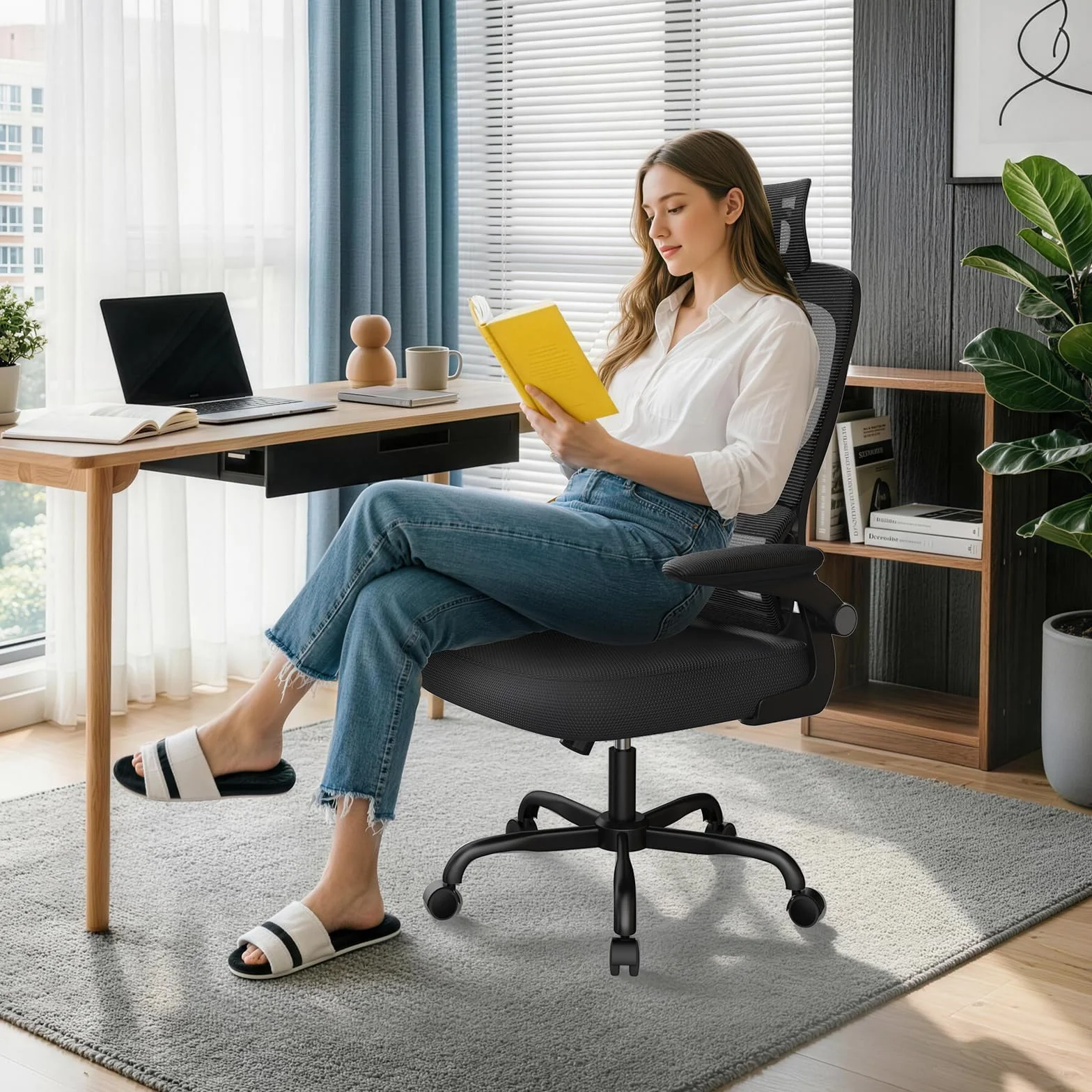 naspaluro Sedia Ufficio Ergonomica, Sedia Scrivania Con Supporto Lombare a Forma Di C, Schienale E Poggiatesta Regolabili, Braccioli Reversibili, Sedile in Rete Traspirante per L'ufficio, Nera
