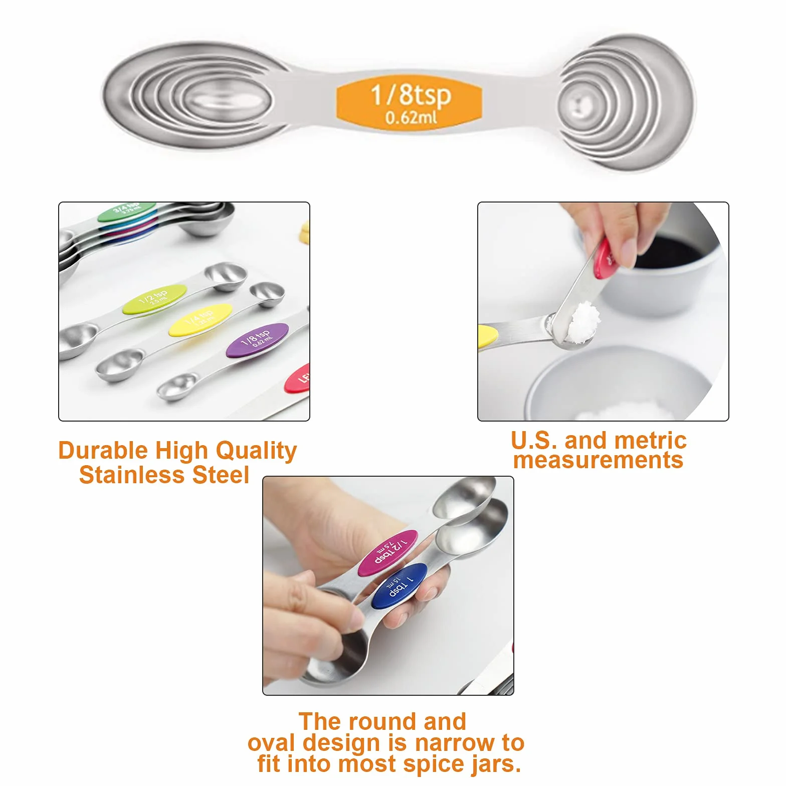 Set di 8 cucchiai dosatori magnetici – in acciaio inox impilabili su entrambi i lati per misurare ingredienti secchi e liquidi, misurini per cucinare e cuocere