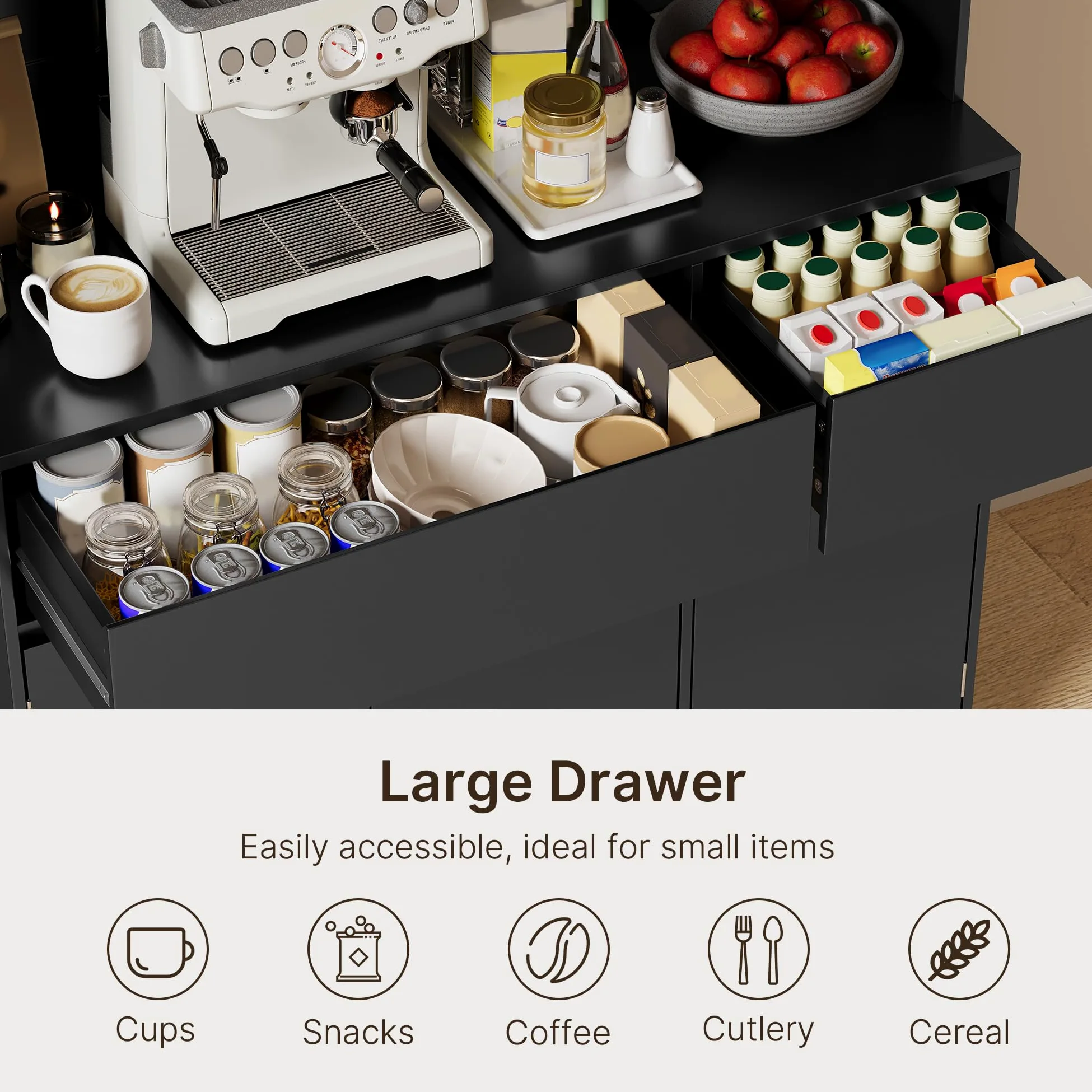 Xbro Credenza Buffet Cucina con Luce LED, Prese di Corrente, Ante in Vetro, 6 Ante e 2 Cassetti, Mobile Dispensa Multifunzione per Cucina, Sala da Pranzo, 100x38.5x180cm
