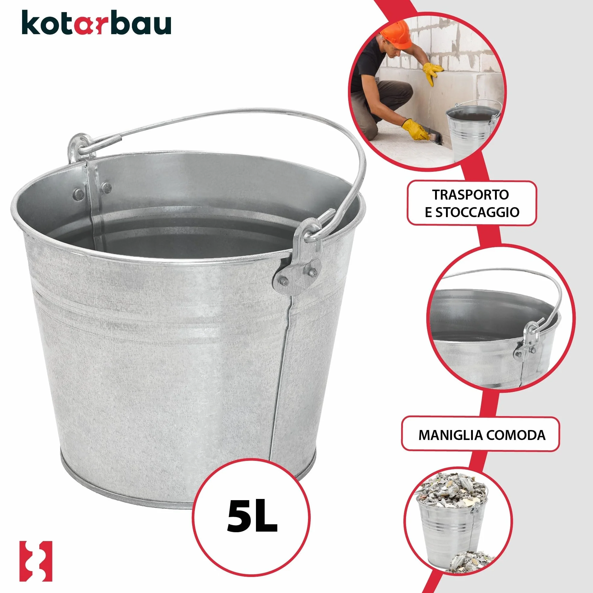 KOTARBAU® Secchio Metallo - Acciaio Zincato - 5 L - Argento - Secchio Muratore - per Cenere - Acqua