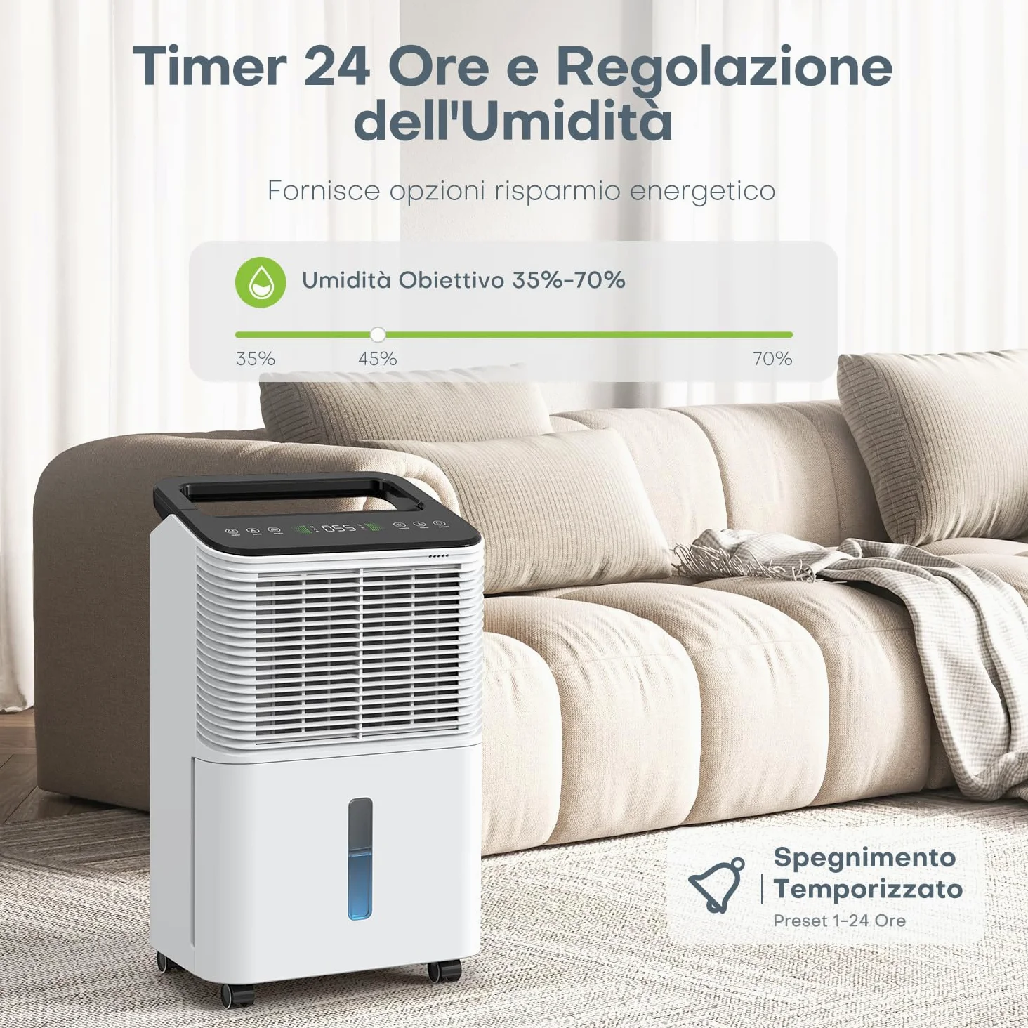 Deumidificatore 16L/giorno, Deumidificatore Casa Silenzioso, Controllo Centrale Intelligente, Modalità AUTO, Indicatore di Umidità, Timer 24H, Deumidificatores Portatile, Più Potente