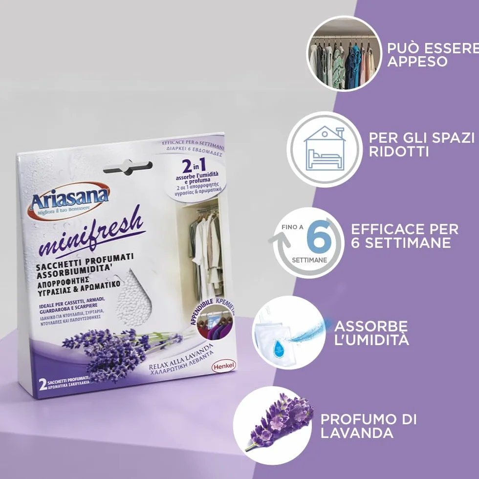 Ariasana Minifresh Relax alla Lavanda Sacchetti profumati 2in1, Sacchetti con doppia azione assorbiumidità e antiodore, Deodorante cassetti e armadi, 2 sacchetti da 50g