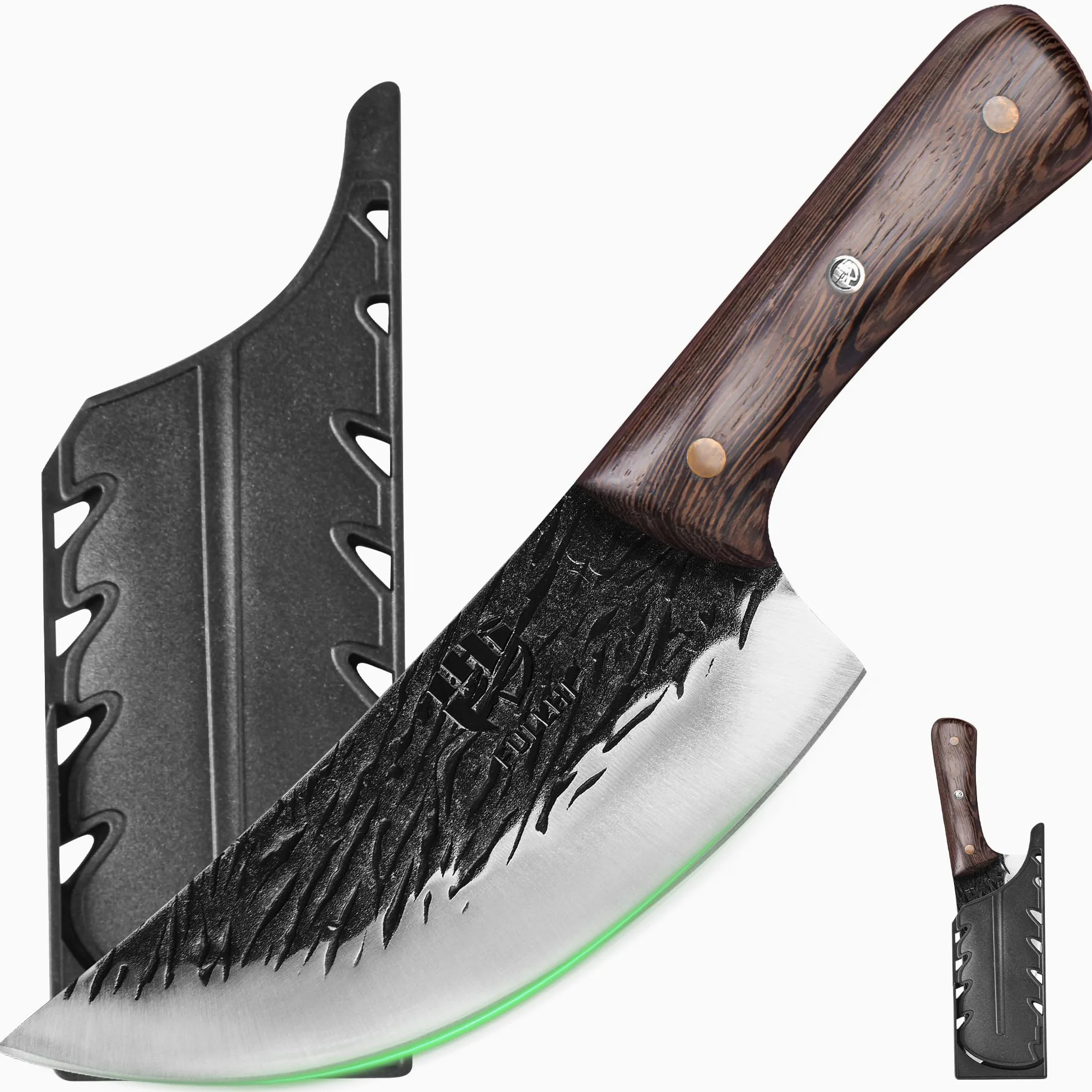 FULLHI Manico in legno Mannaia per carne pesante con fodero 2 pezzi, affettatrice in acciaio ad alto tenore di carbonio per la casa, il campeggio e il barbecue (Marrone, 17cm)